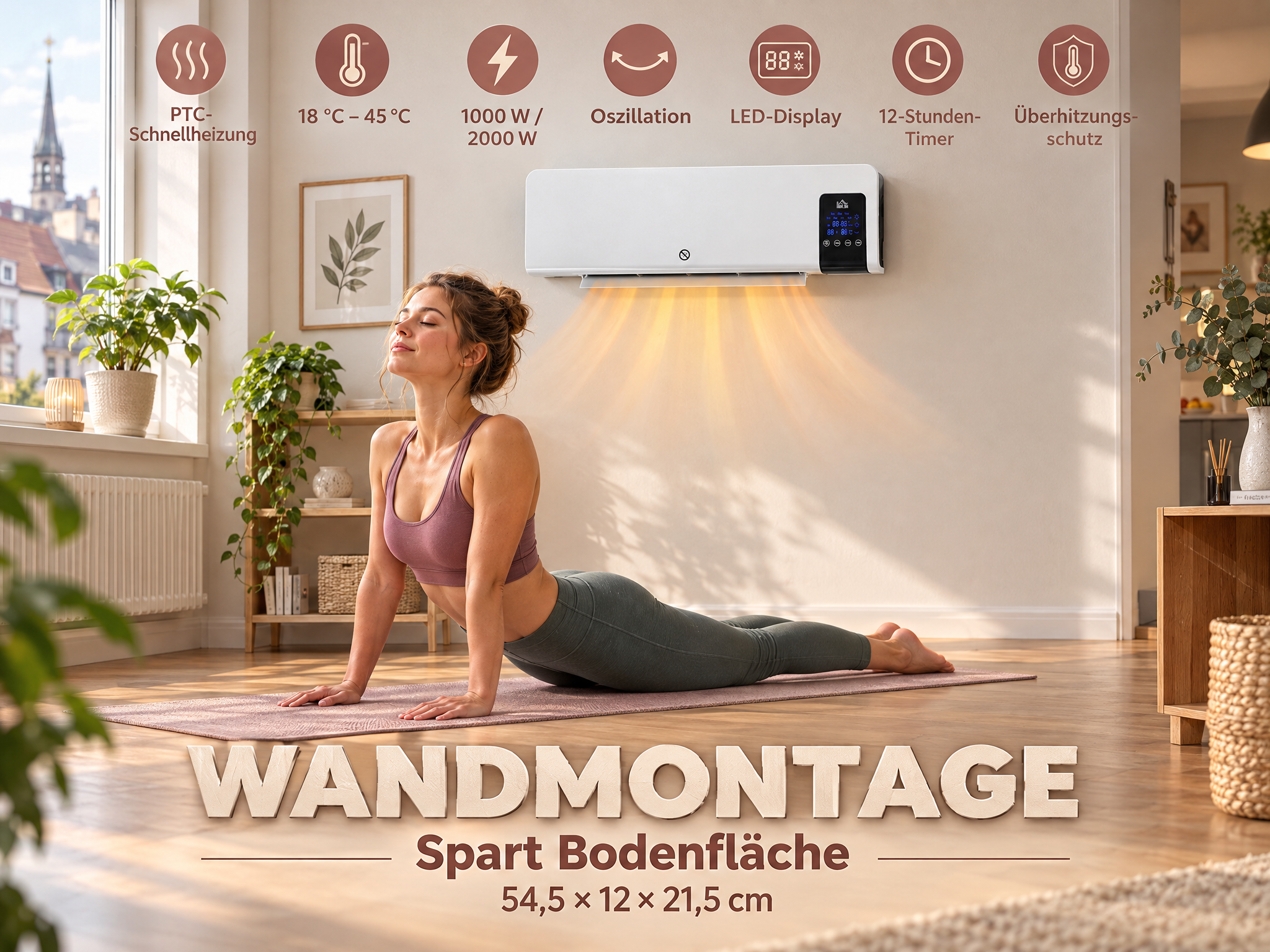 Frau macht Yoga auf einer Matte, während eine Wandheizung warme Luft in den Raum abgibt.