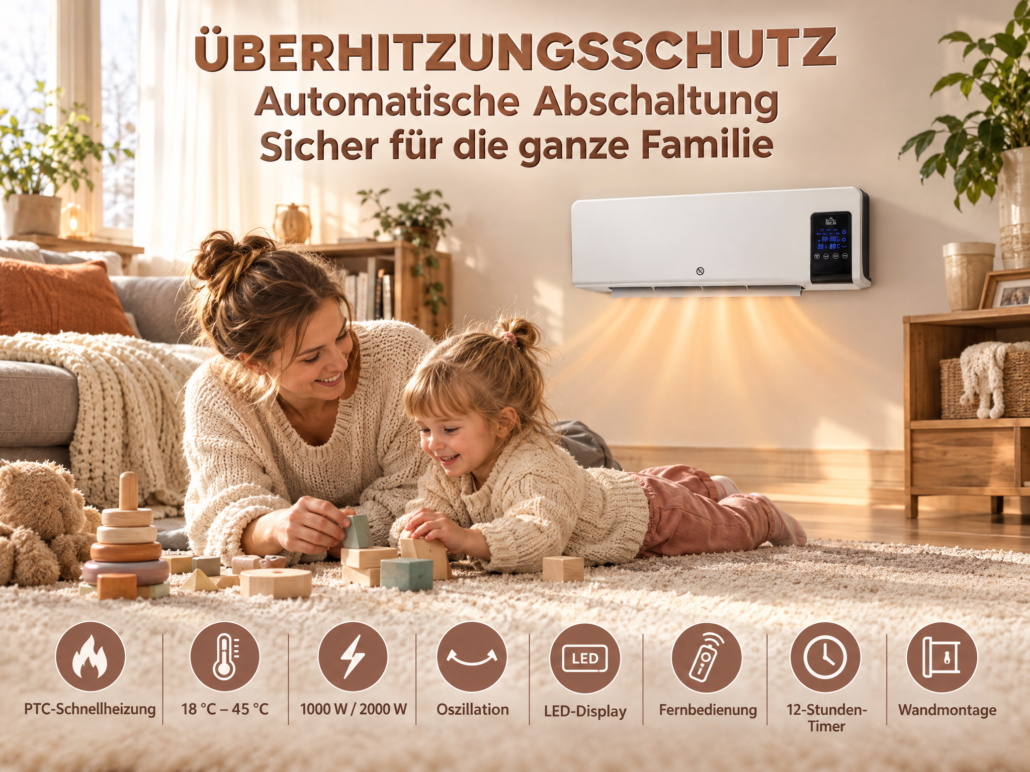 Mutter und Kind spielen auf einem Teppich unter einem Wandheizer mit warmem Licht.
