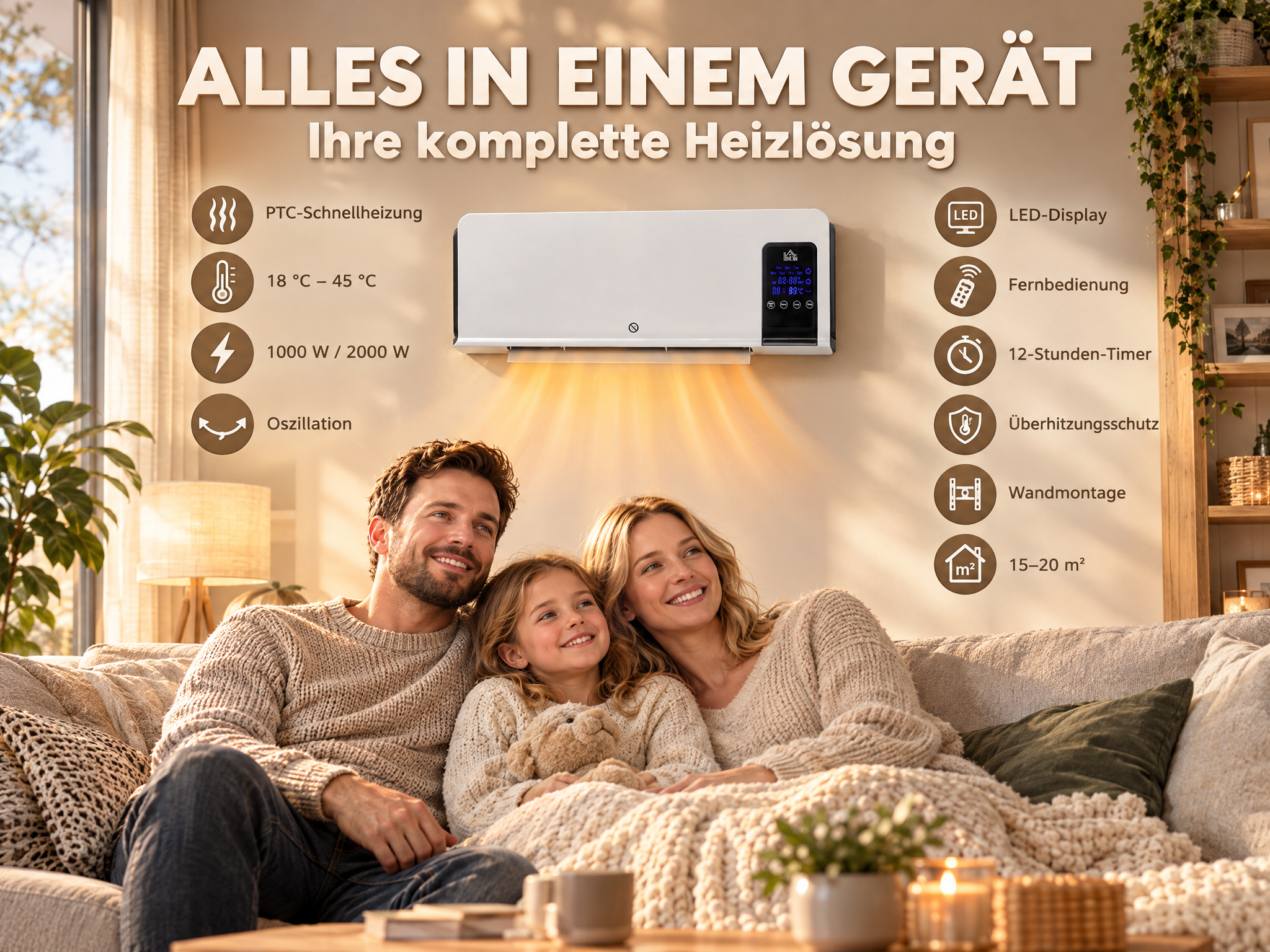 Eine Familie sitzt gemütlich auf einem Sofa unter einer Wandheizung mit Funktionssymbolen.