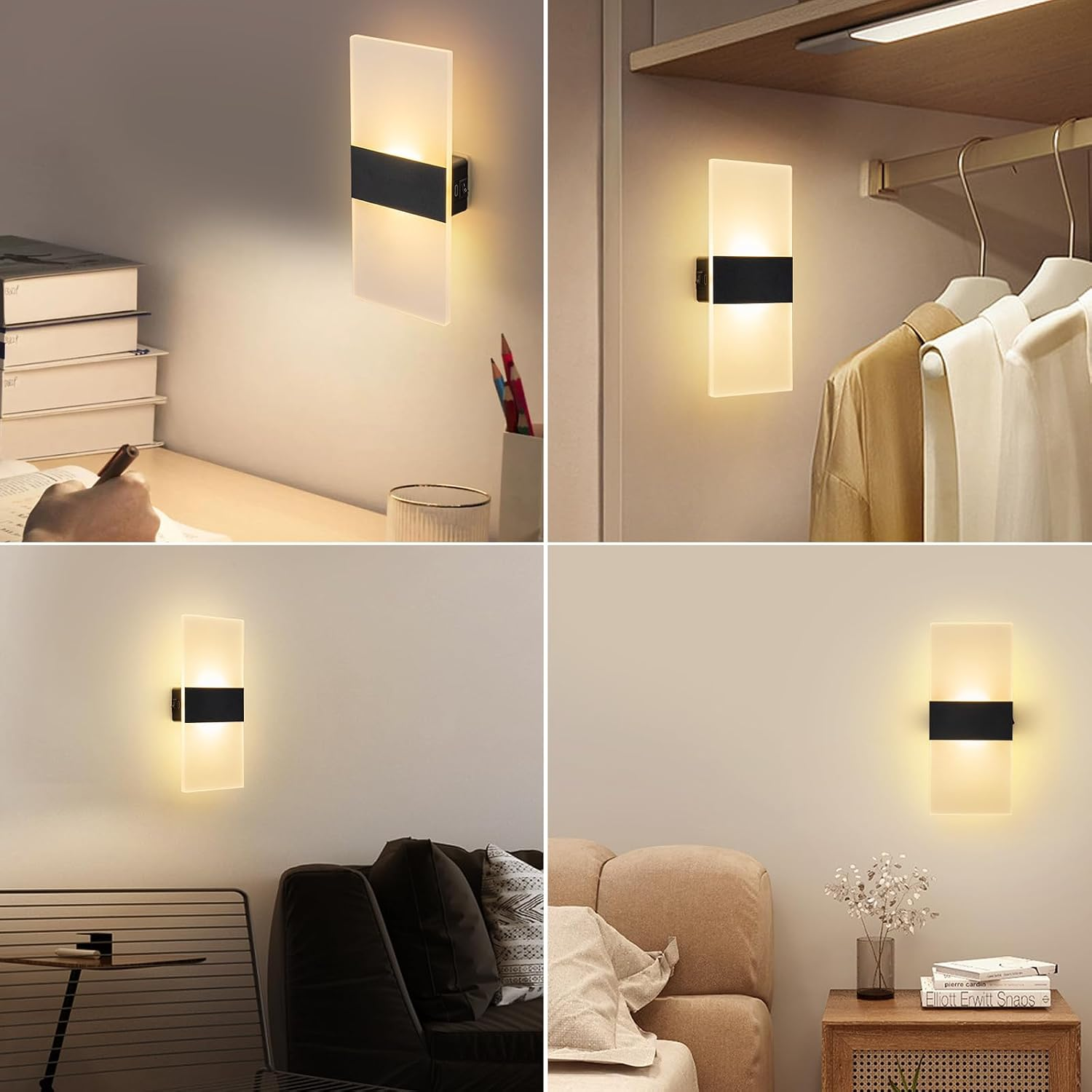 Moderne schwarze und weiße Wandlampe mit warmem Licht in verschiedenen Räumen.