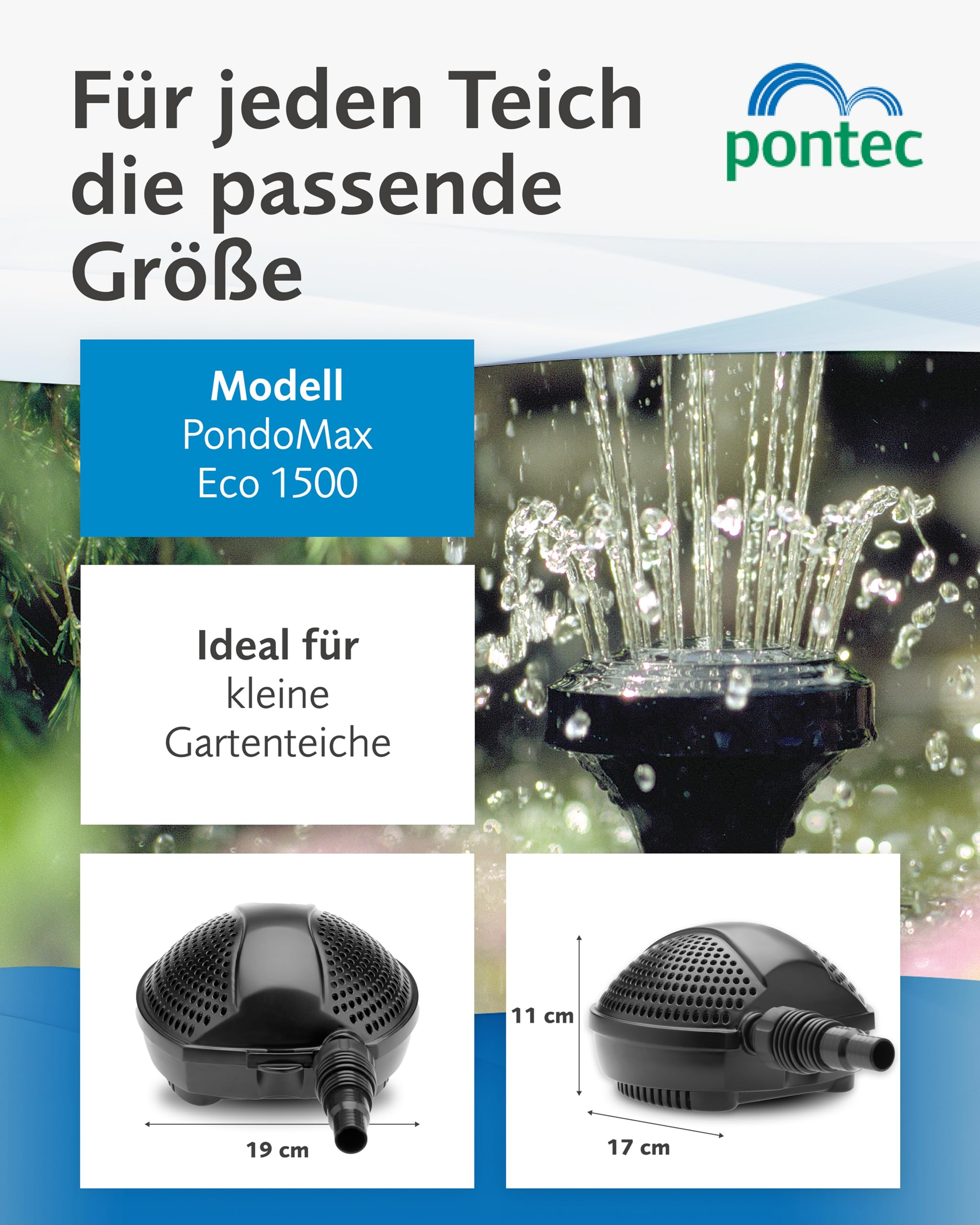 Werbebanner für Pontec PondoMax Eco 1500 Teichpumpe mit Springbrunnen und Maßen 19x17x11 cm.