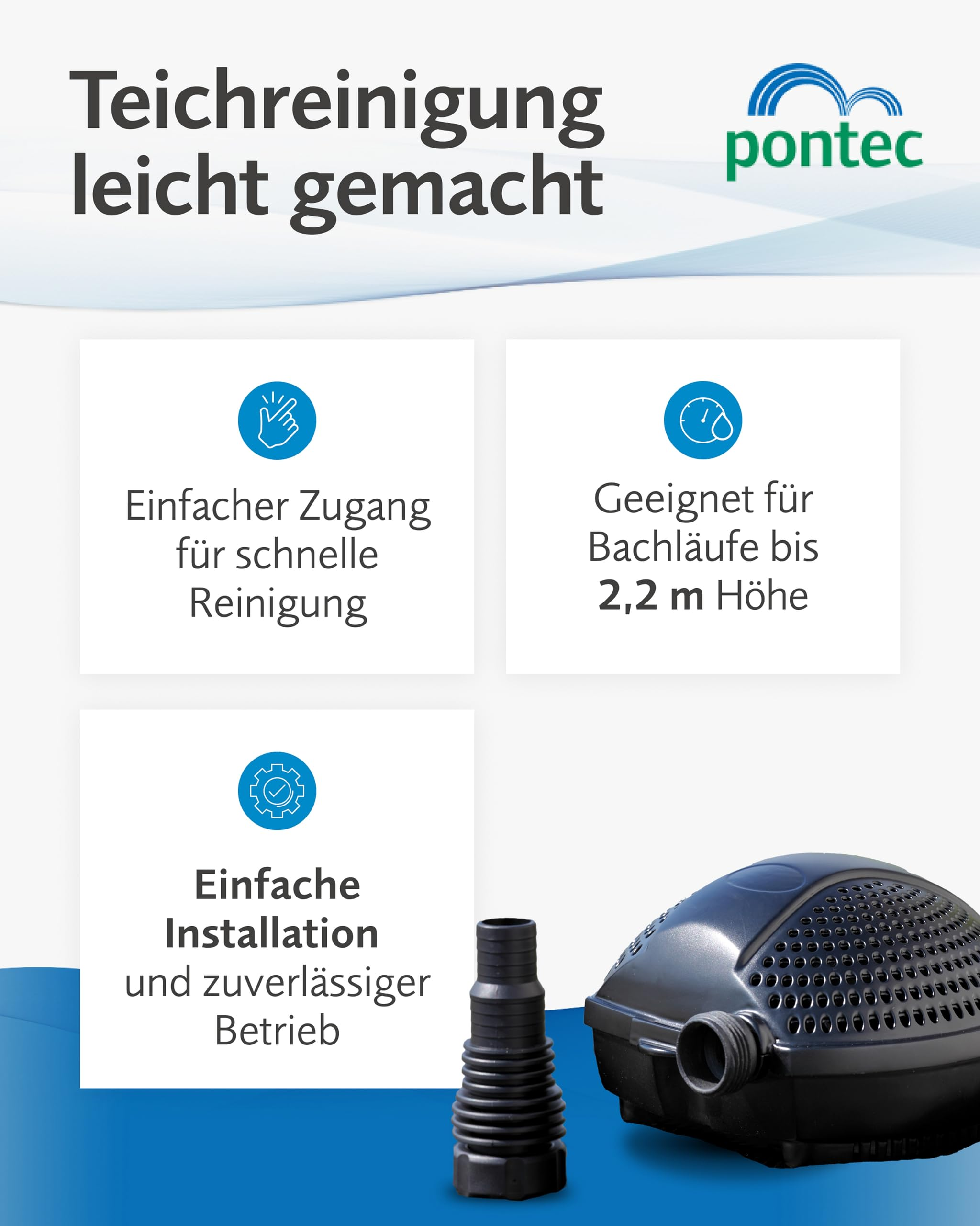 Pontec Werbung für Teichreinigung mit Pumpe, Schlauchanschluss und drei Vorteilen in deutscher Sprache.