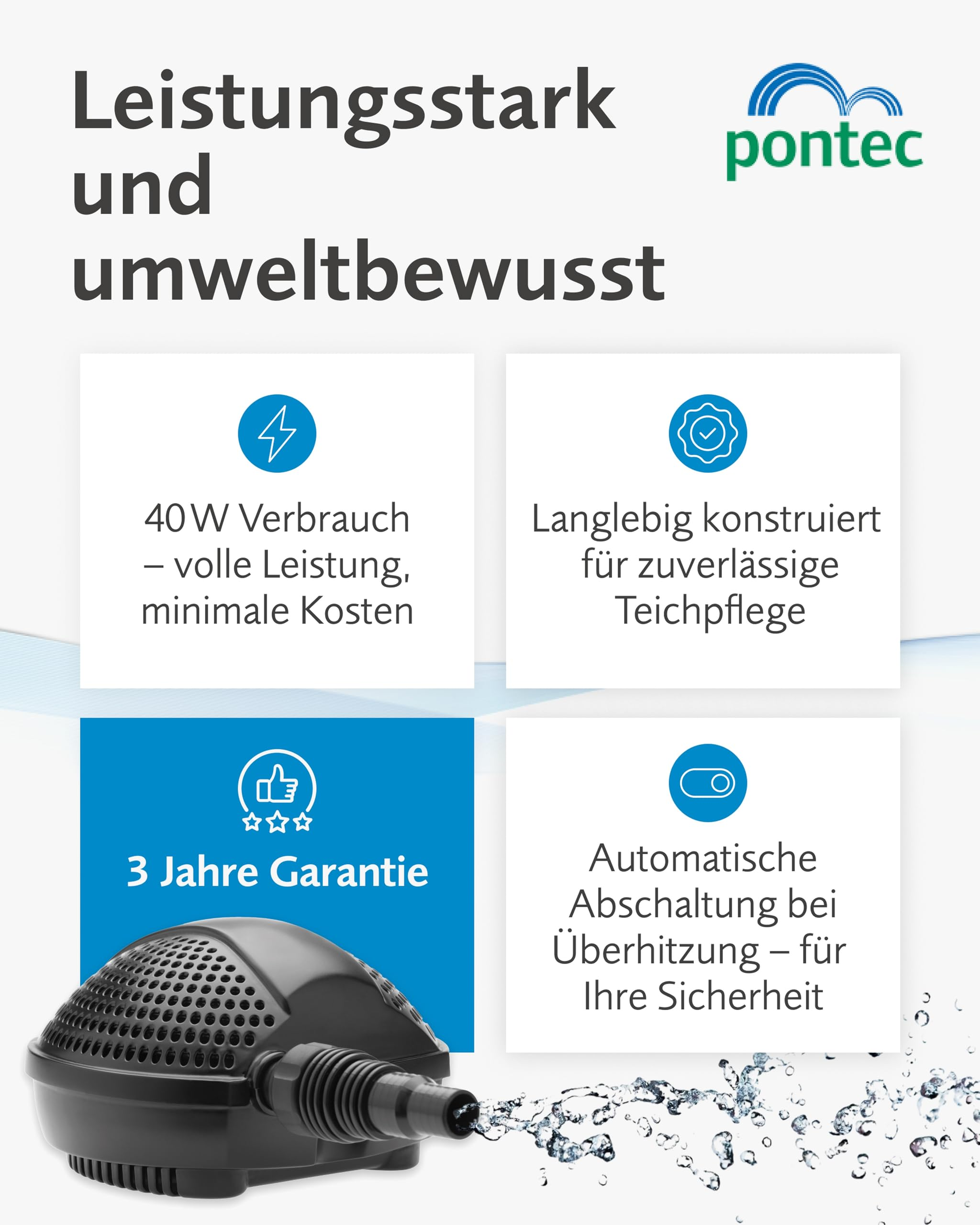 Pontec Teichpumpe mit vier Informationsfeldern zu Leistung, Langlebigkeit, Garantie und Sicherheit.