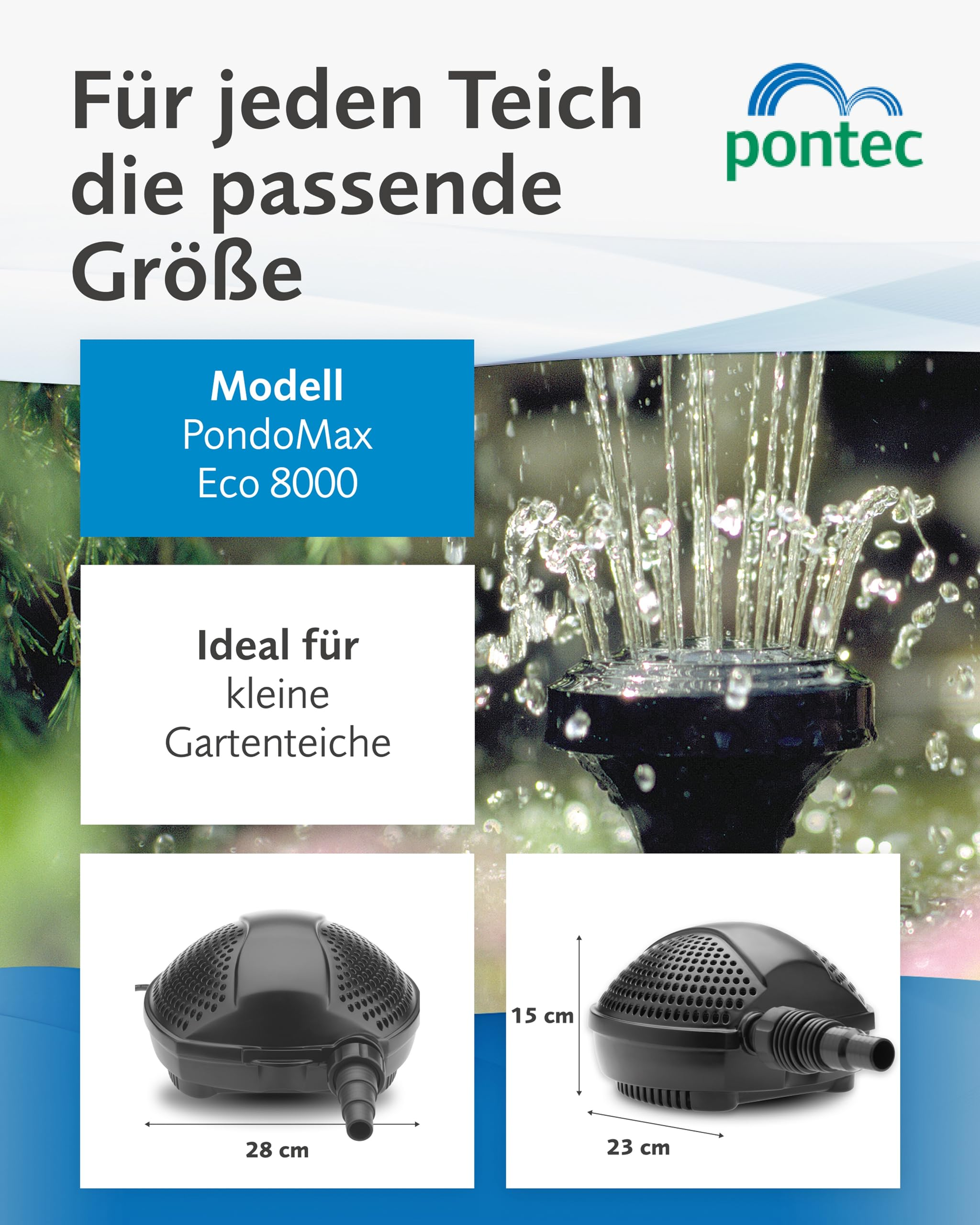 Pontec PondoMax Eco 8000 Teichpumpen-Plakat mit Maßen und Springbrunnenbild.