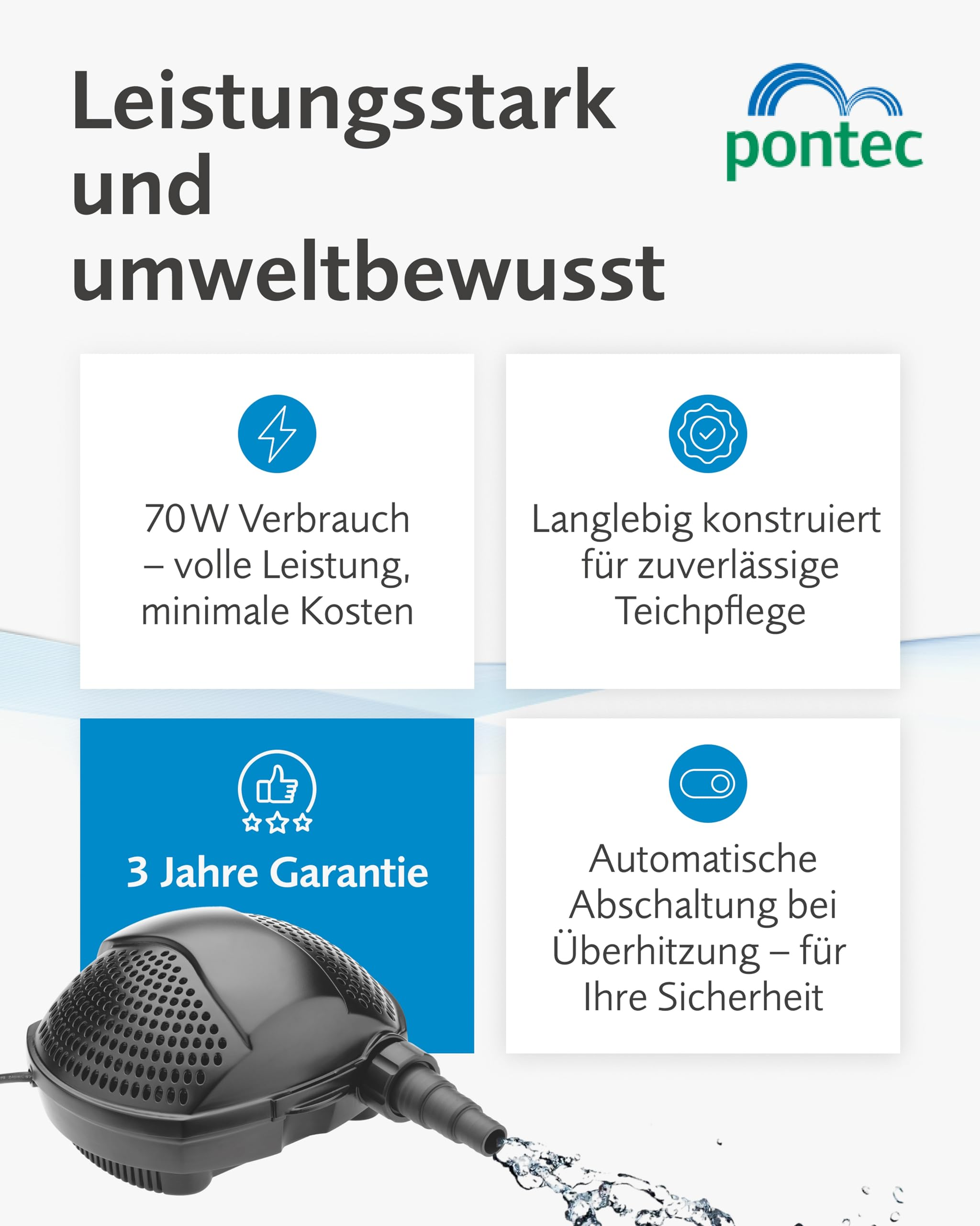 Pontec Teichpumpe Werbung mit 70W Verbrauch, 3 Jahren Garantie und Sicherheitsfunktionen auf einem Plakat.