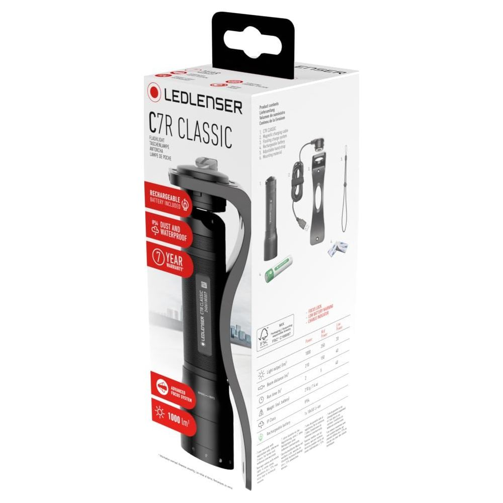 Verpackung der Ledlenser C7R Classic Taschenlampe mit technischen Daten und Zubehör auf weißem Hintergrund.