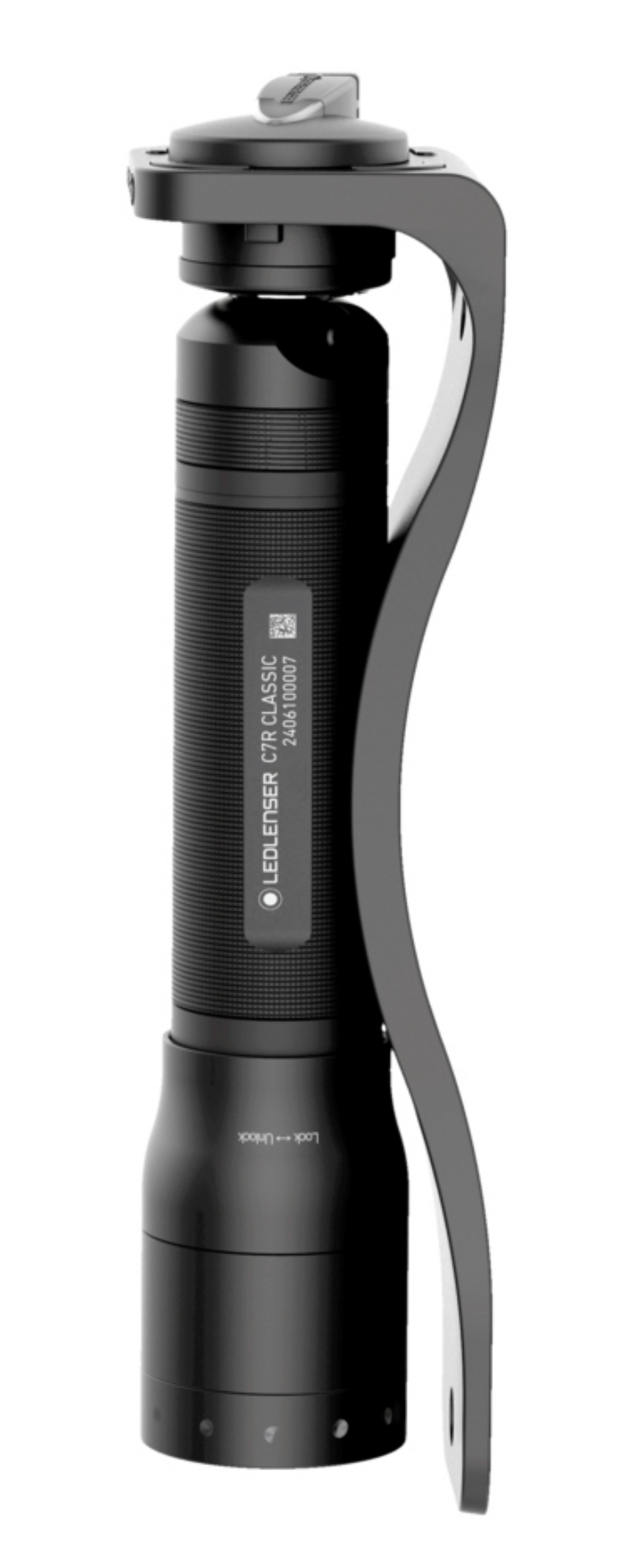 Schwarze Ledlenser C7R Classic Taschenlampe mit einer geschwungenen Halterung auf einem weißen Hintergrund.