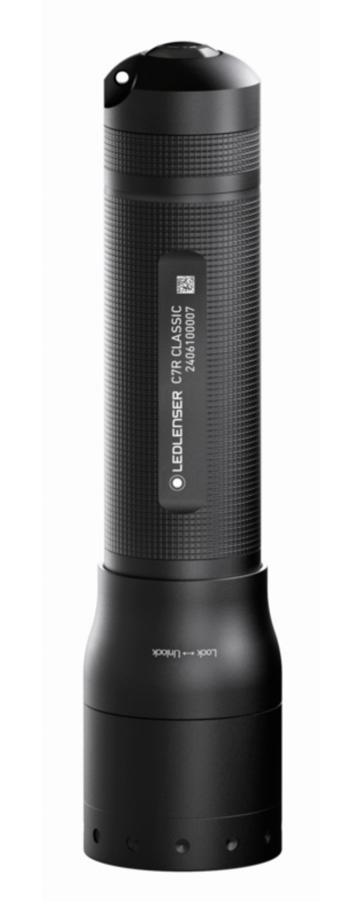 Schwarze LEDLENSER C7R Classic Taschenlampe mit Riffelung und aufgedrucktem Text.