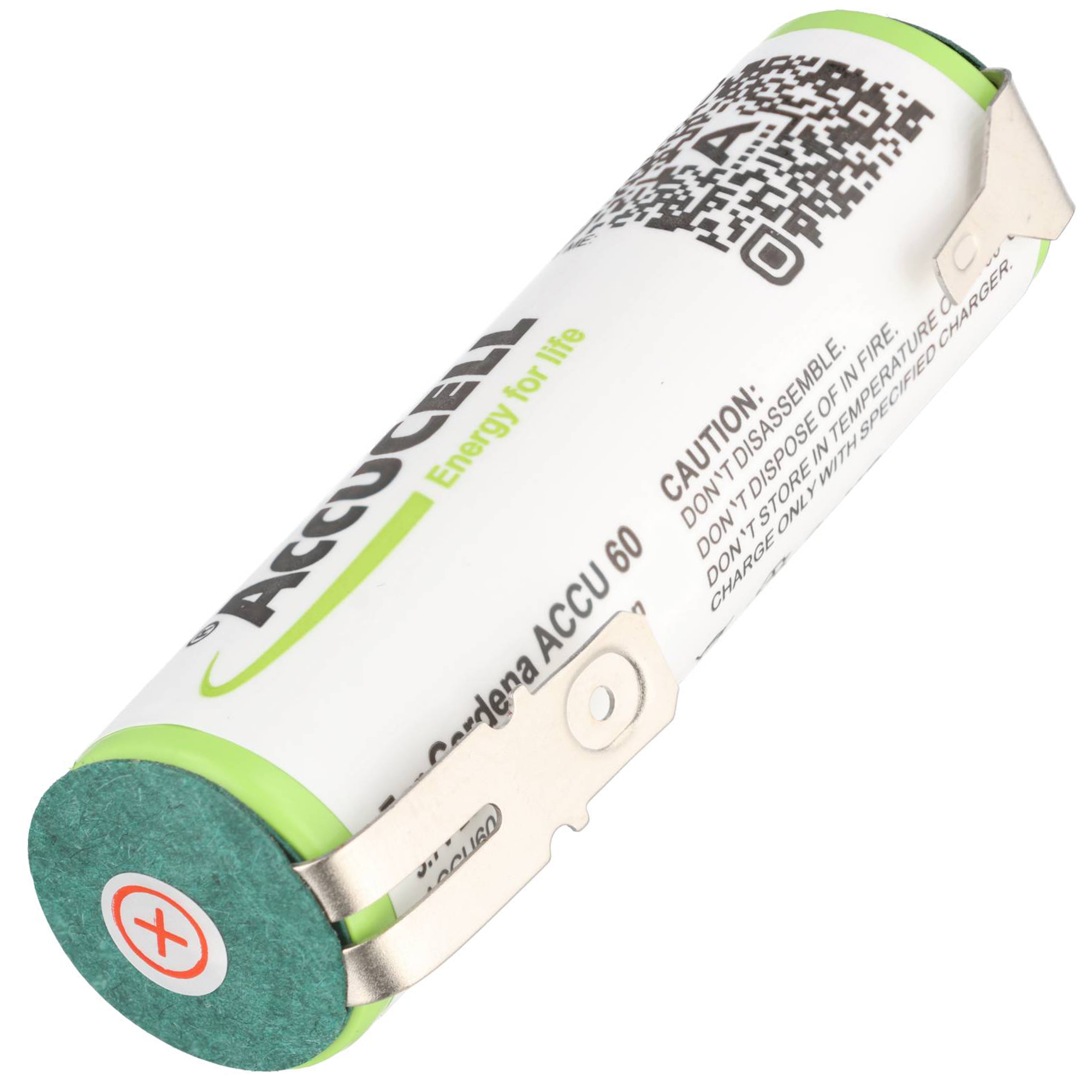 Eine zylindrische AccuCell-Batterie mit Metalllaschen und Warnhinweisen auf der weißen Hülle.