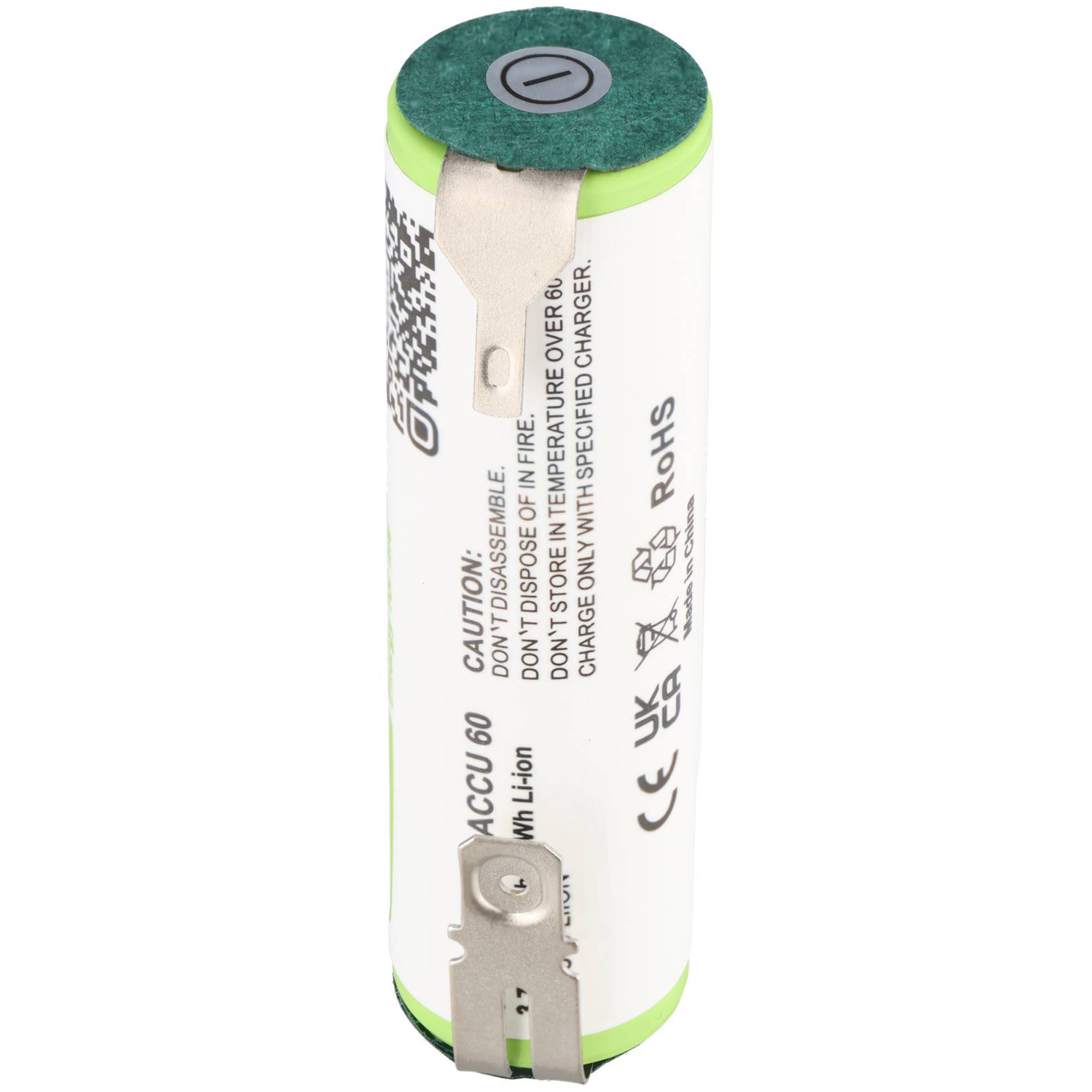 Grüne Lithium-Ionen-Zelle mit Sicherheitswarnungen und Metallzungen.