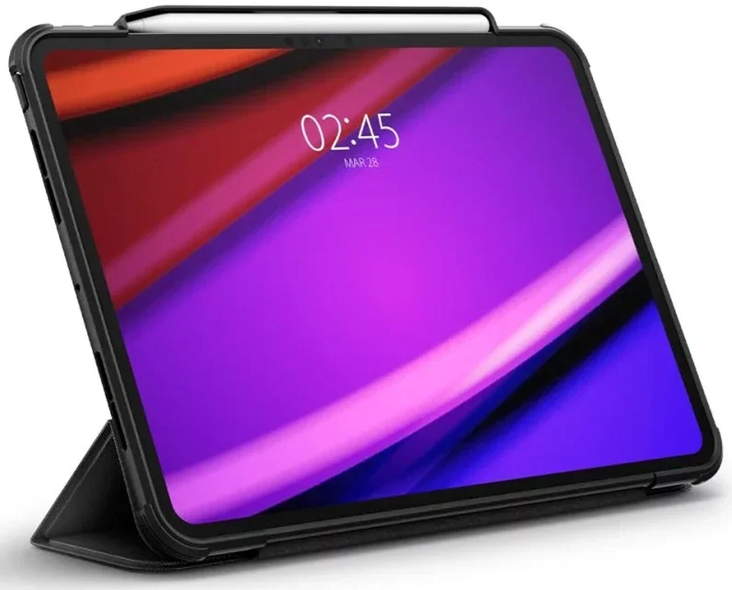Een tablet in zwarte hoes met stylus toont een kleurrijk scherm.