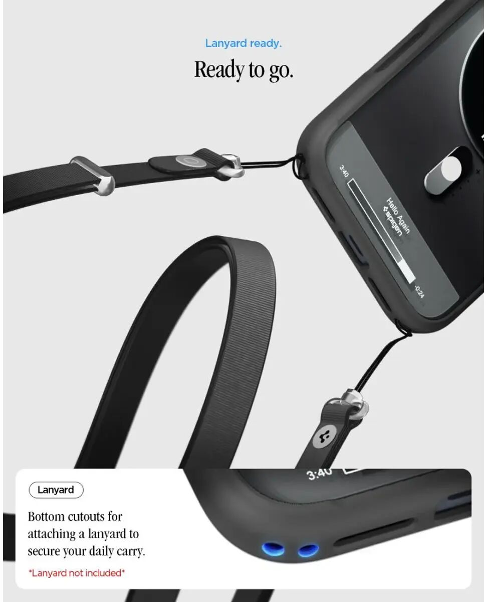 Un smartphone dans une coque de protection avec une lanière noire attachée, avec le texte "Lanyard ready".
