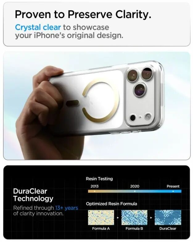 Main tenant une coque transparente d'iPhone, texte sur DuraClear en dessous.