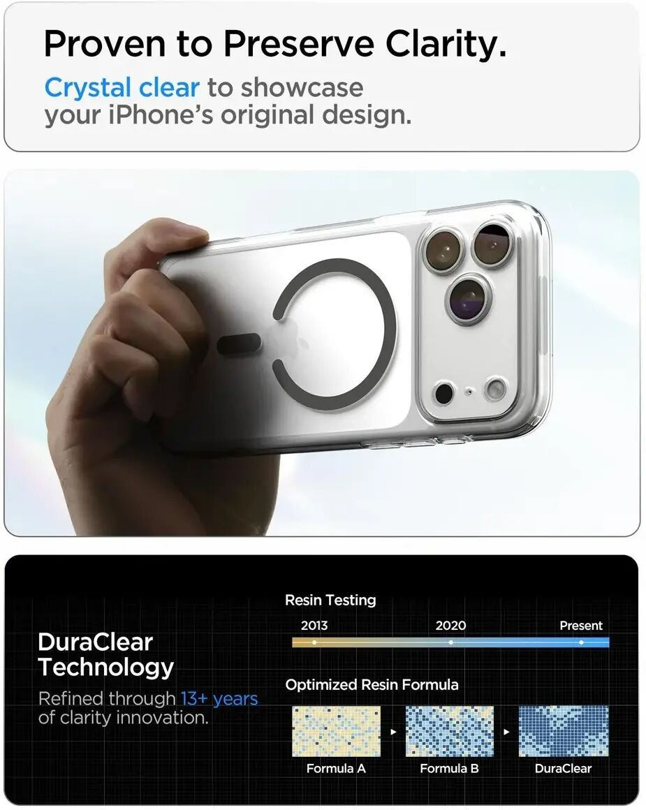 Main tenant une coque iPhone transparente avec MagSafe et du texte sur la technologie DuraClear.