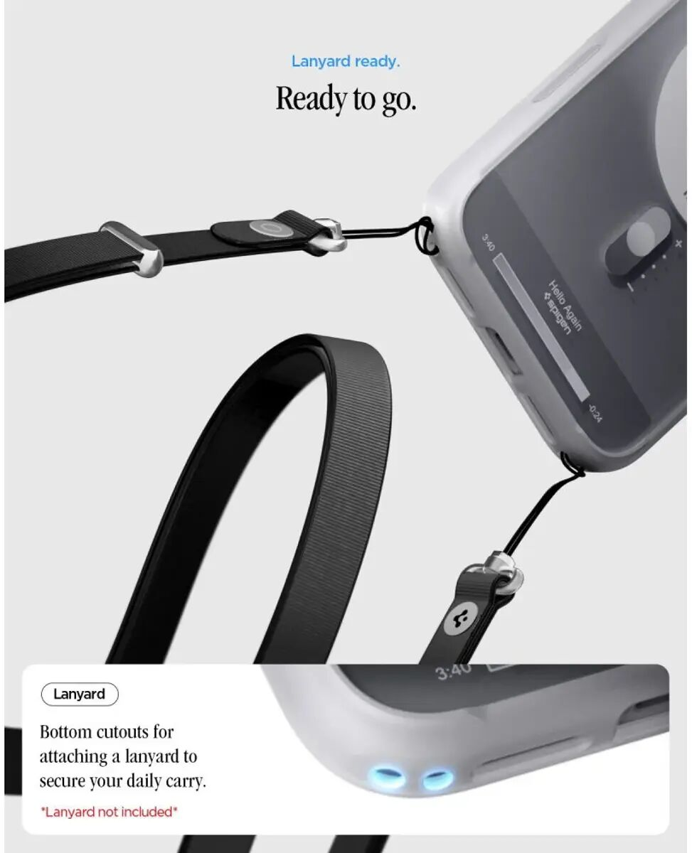 Coque de téléphone avec lanière noire et fixation sécurisée.