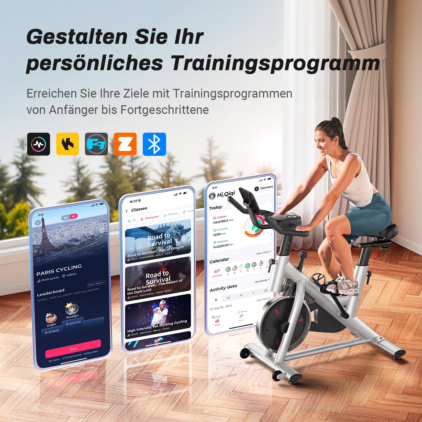 Frau trainiert auf Heimtrainer neben Smartphones mit Fitness-App.