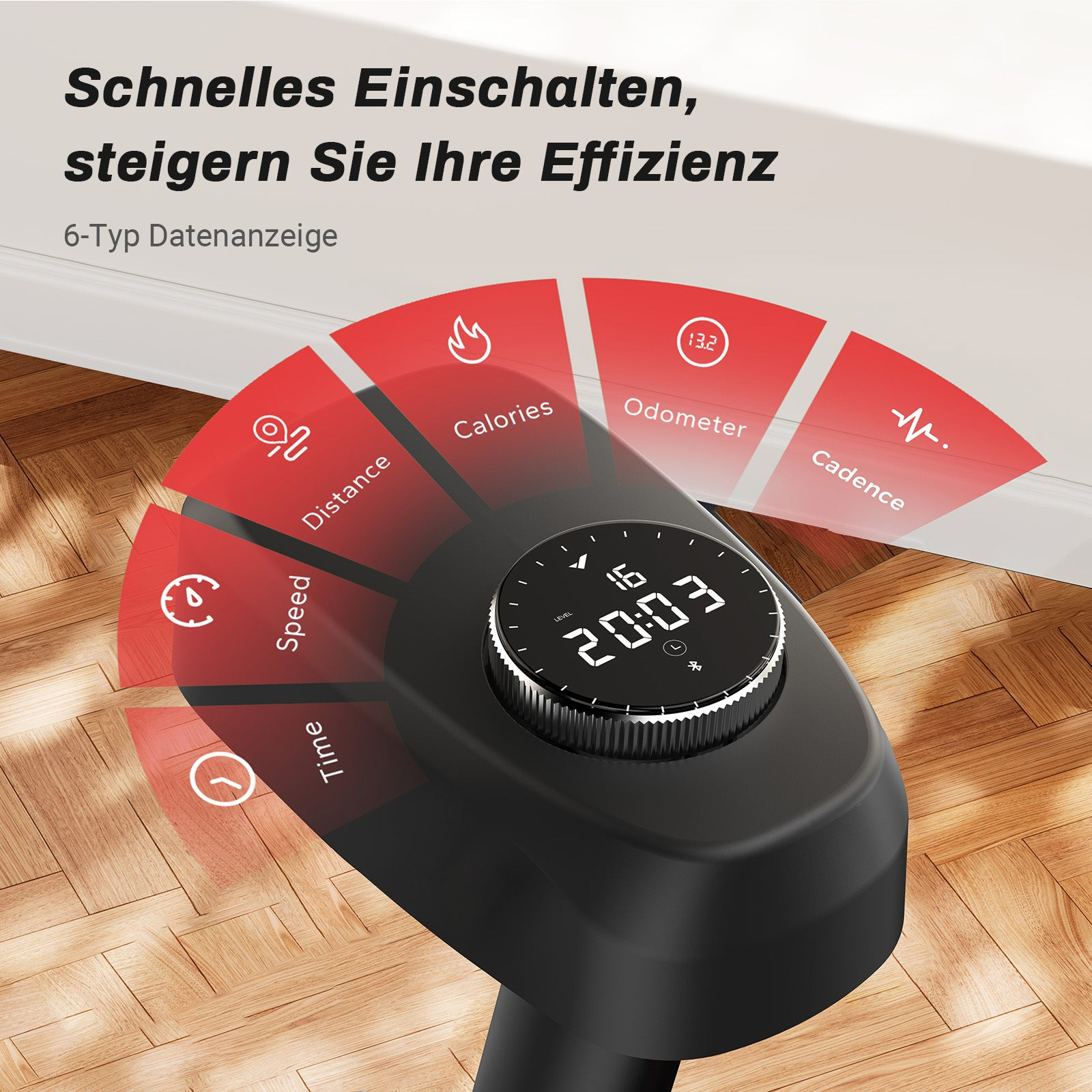 Fitnessgerät mit digitalem runden Display zeigt sechs Datentypen wie Zeit und Geschwindigkeit an.