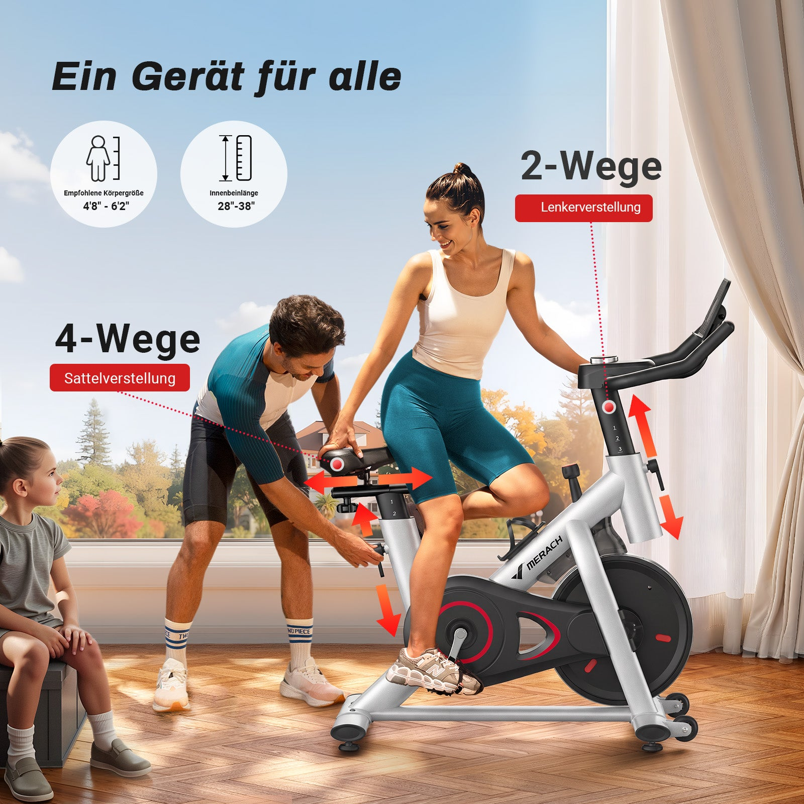 Ein Mannadjustiert einen silbernen Heimtrainer, während eine Frau darauf sitzt und ein Kind zusieht.