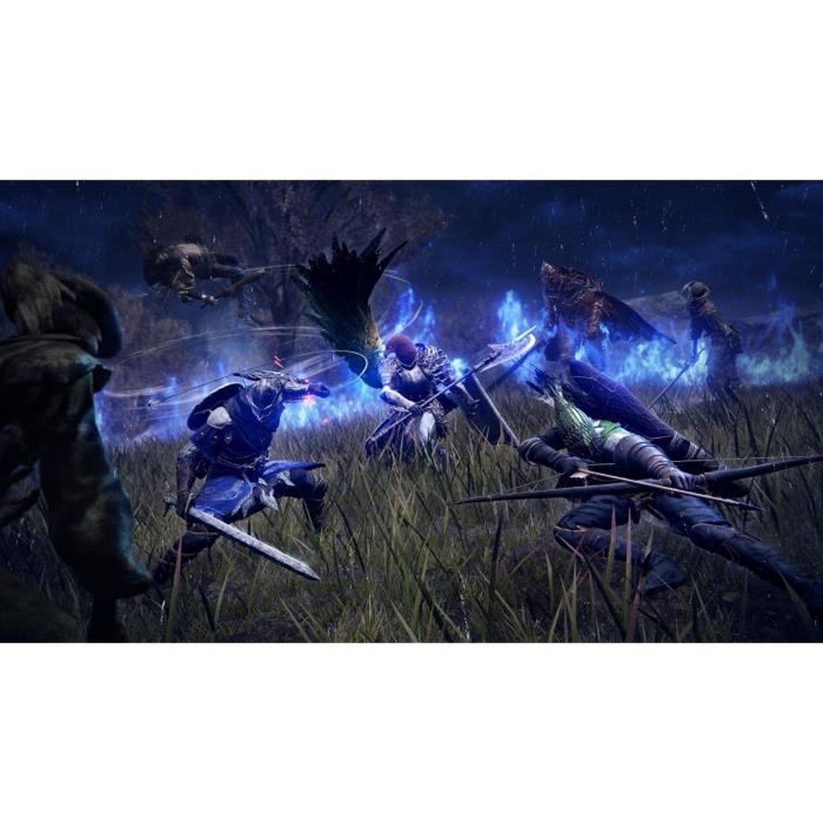 Fantasy-Charaktere kämpfen nachts mit Schwertern, Bogen und magischen blauen Flammen auf einem Grasfeld.