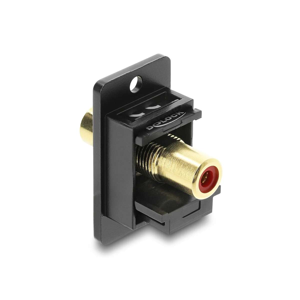 Ein schwarzer RCA-Einbauadapter mit goldfarbenem Anschluss und rotem Ring auf weißem Hintergrund.