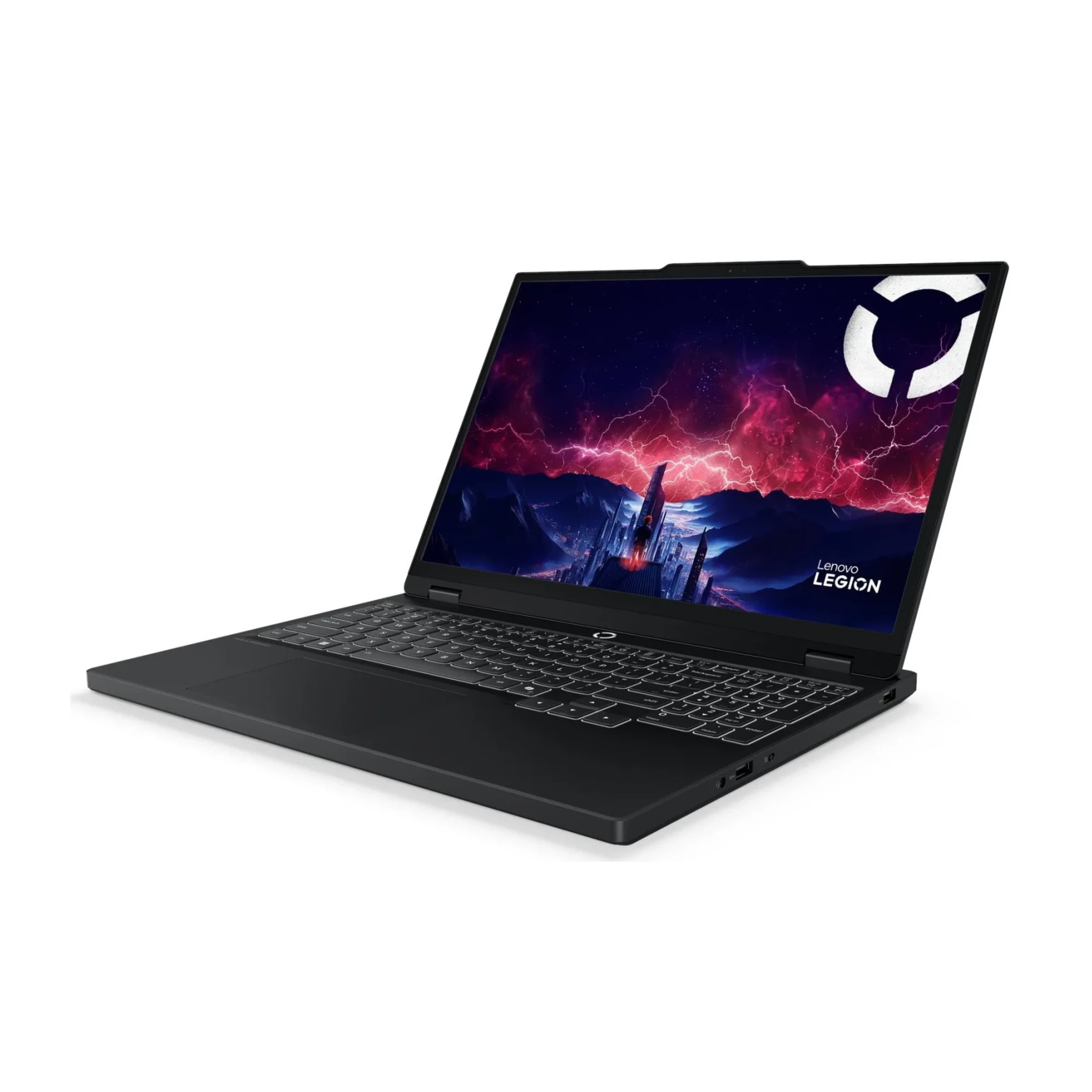 Ein schwarzer Lenovo Legion Gaming-Laptop auf einer weißen Oberfläche mit einer Fantasy-Wandgrafik.
