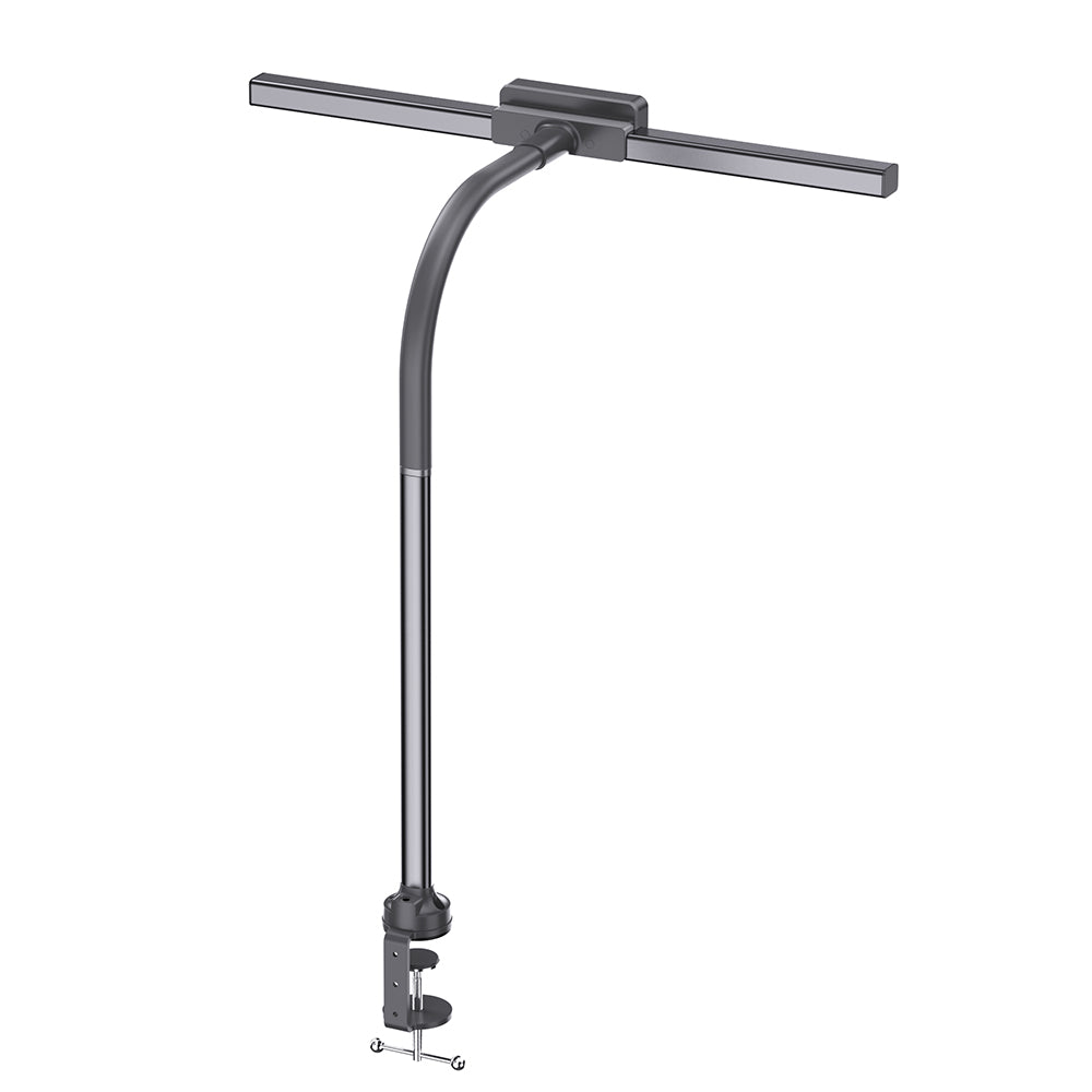 Eine schwarze Schreibtischlampe mit langem Arm und Klemmsockel vor weißem Hintergrund.