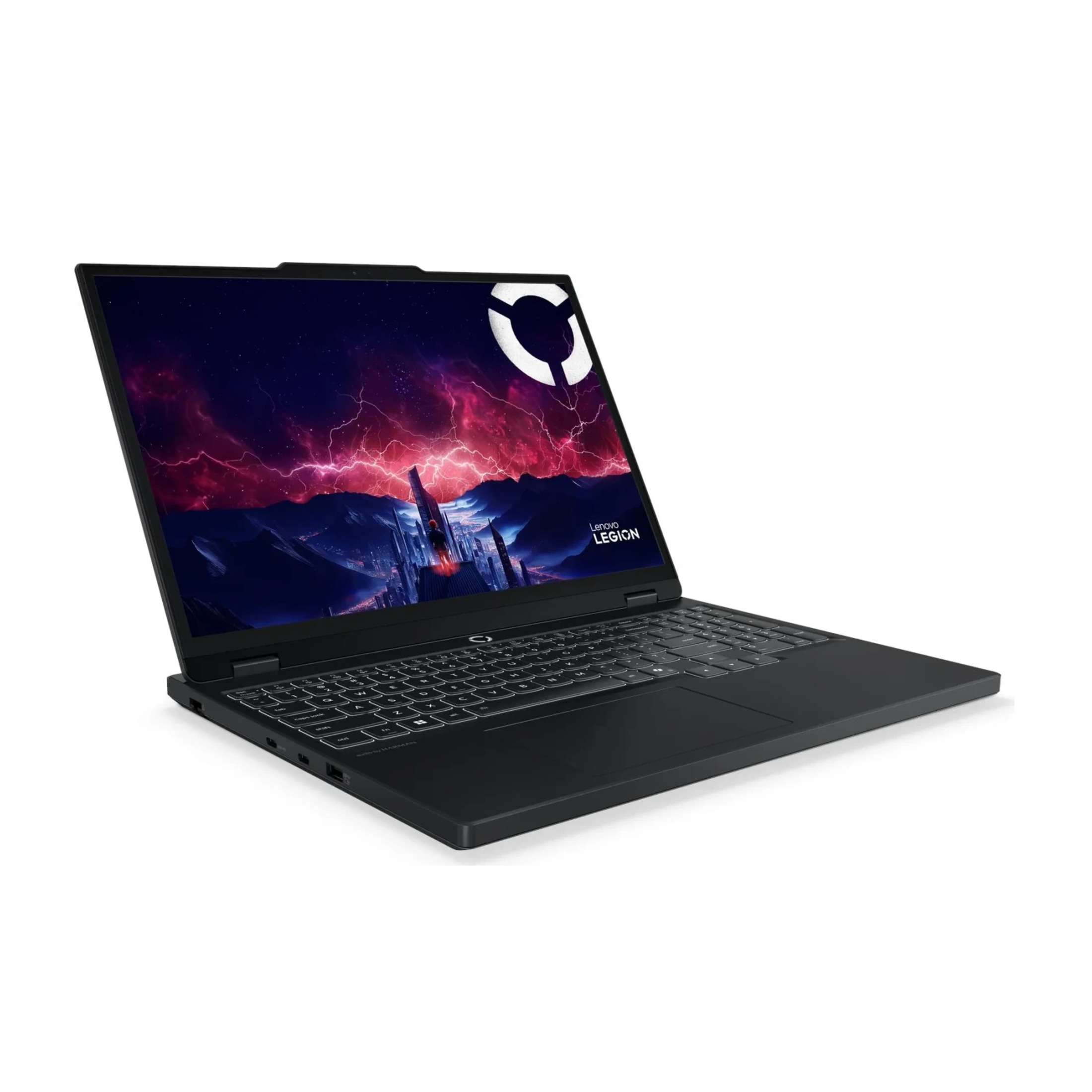 Ein schwarzer Lenovo Legion Laptop auf weißem Hintergrund mit einem lebendigen Bildschirnhintergrund.