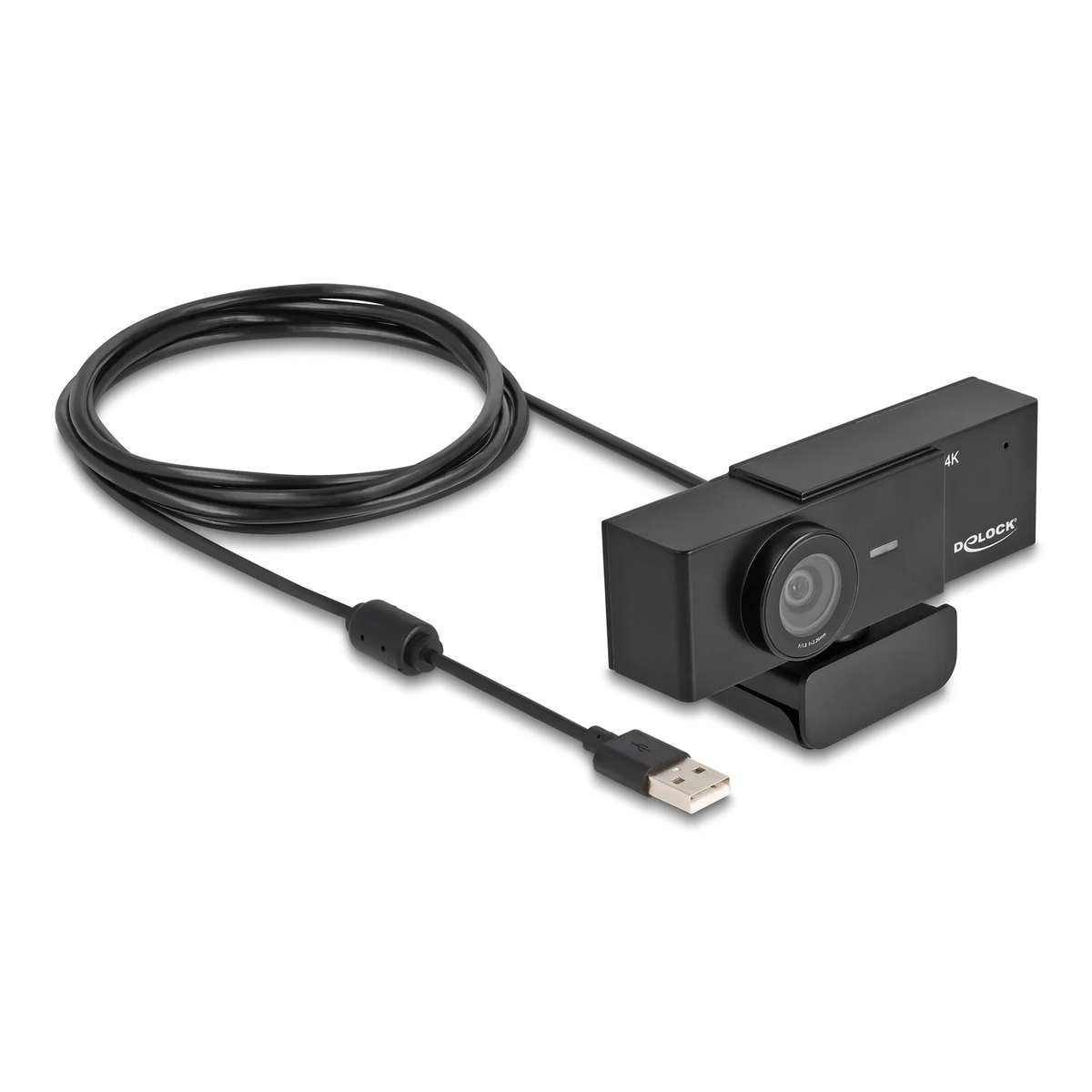 Schwarze 4K-Webcam von Delock mit integriertem USB-Kabel und Stecker auf weißem Hintergrund.