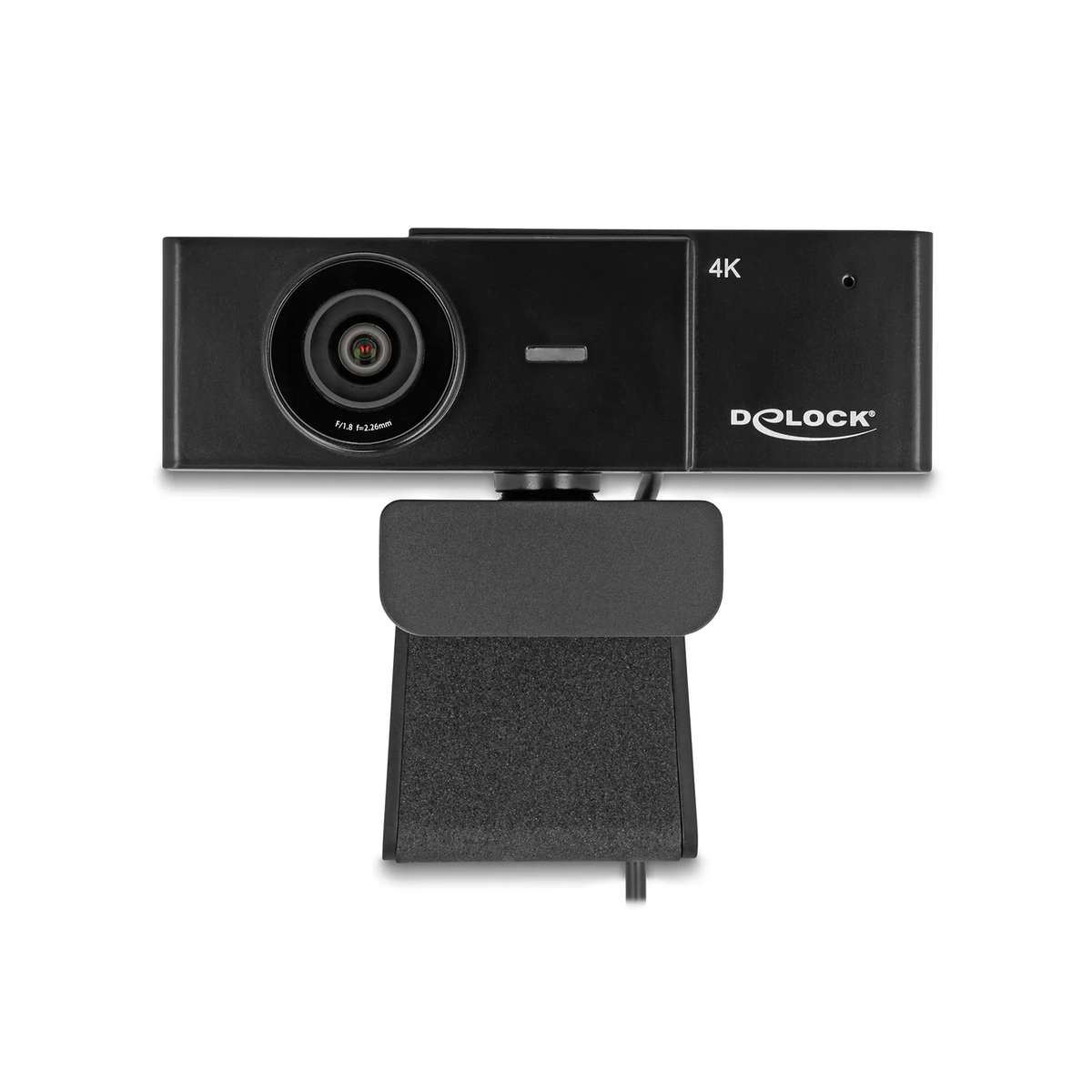 Eine schwarze Delock 4K Webcam mit großer Linse und Halterung vor weißem Hintergrund.