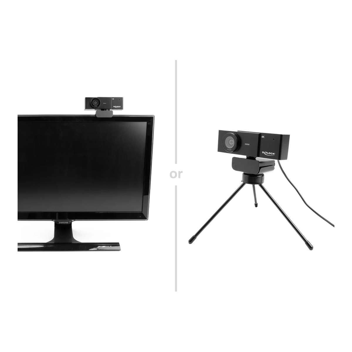 Eine schwarze Webcam ist entweder auf einem Monitor oder auf einem Stativ montiert.