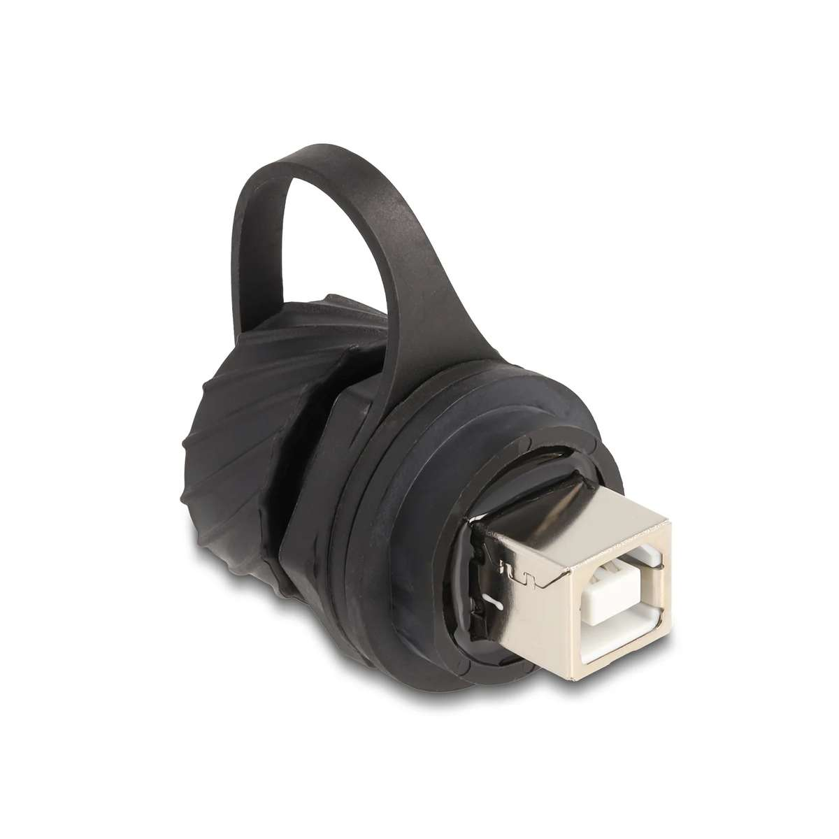 Ein schwarzer Kabeladapter mit einer Schlaufe und einem silbernen USB-Anschluss auf weißem Hintergrund.