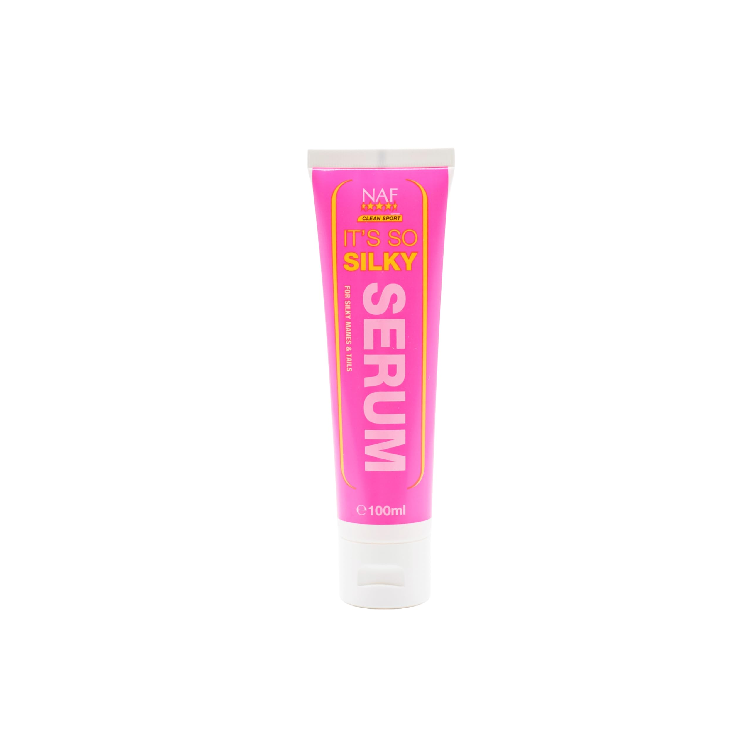 Eine pinke Tube 'It's So Silky Serum' mit weißem Deckel und gelben Akzenten vor weißem Hintergrund.
