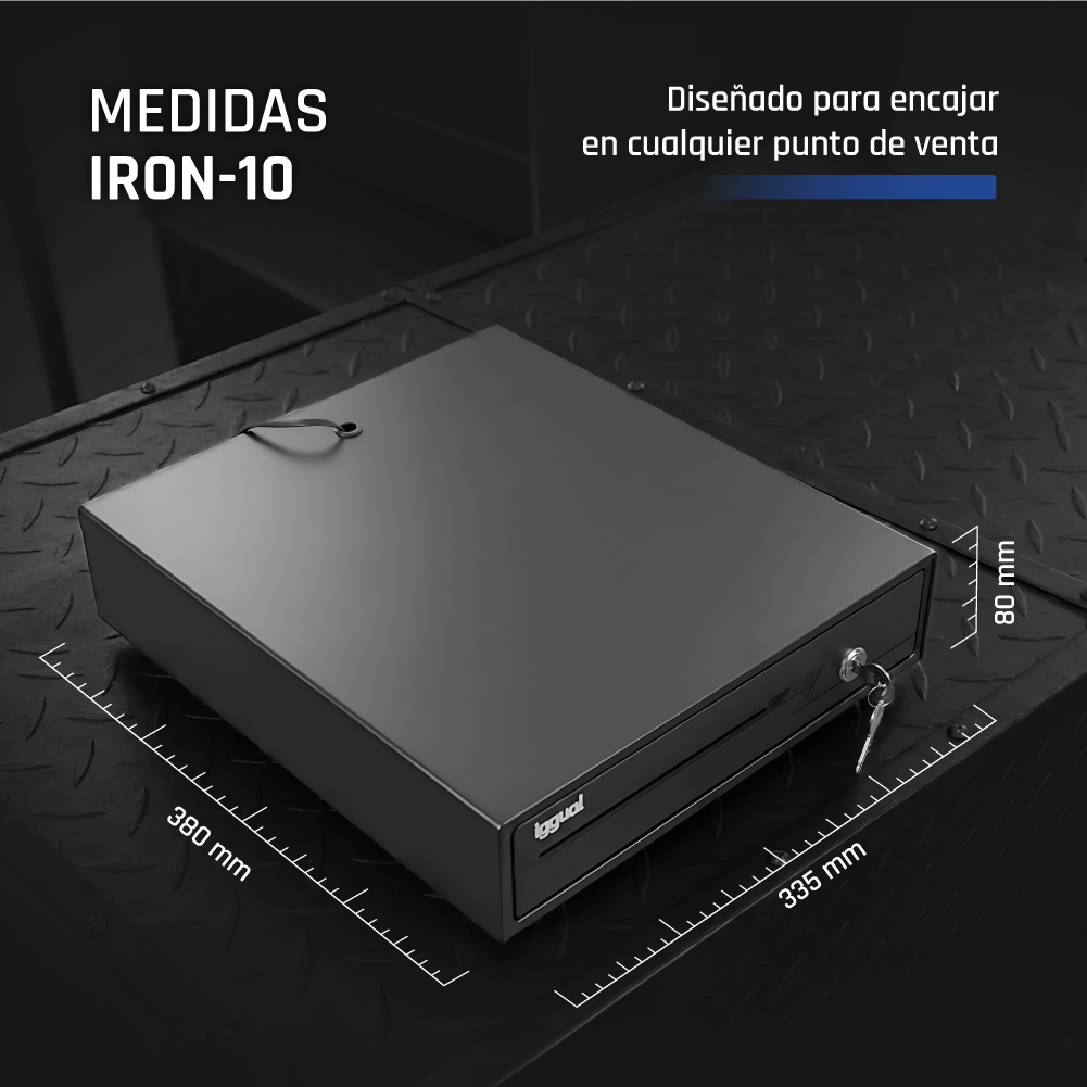 Cajón portamonedas negro Iron-10 con medidas: 380 mm ancho, 335 mm fondo, 80 mm alto y una llave.
