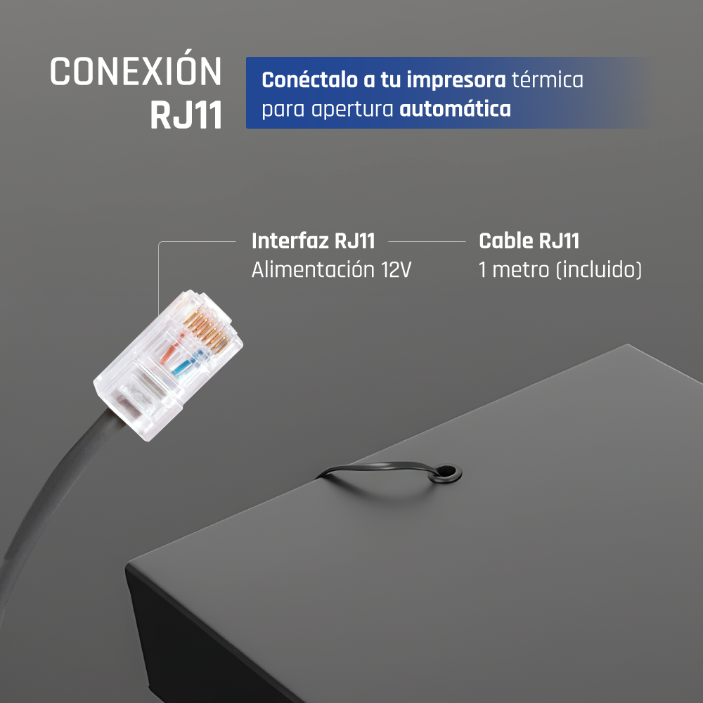 Diagrama que muestra conexión RJ11 y cable para impresora térmica.