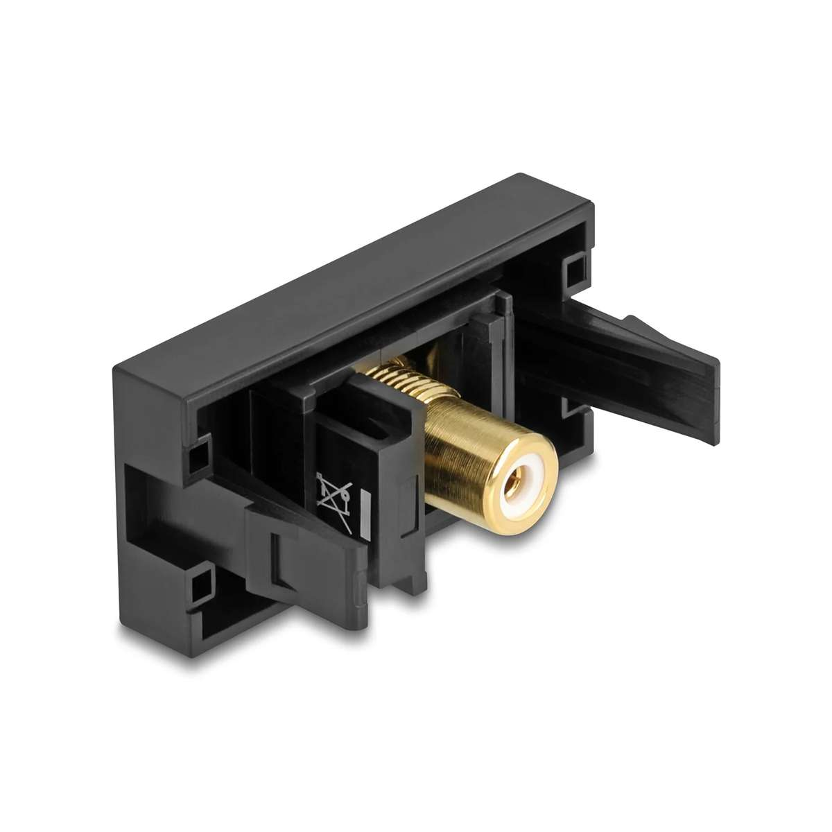 Ein schwarzes Audio-Einbaumodul mit einer goldenen Cinch-Buchse auf weißem Grund.