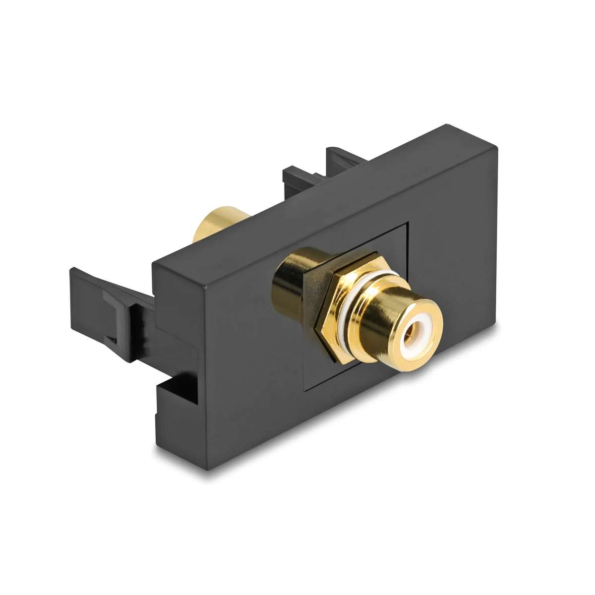 Ein schwarzer Cinch-Audioadapter mit vergoldeten Anschlüssen auf weißem Hintergrund.