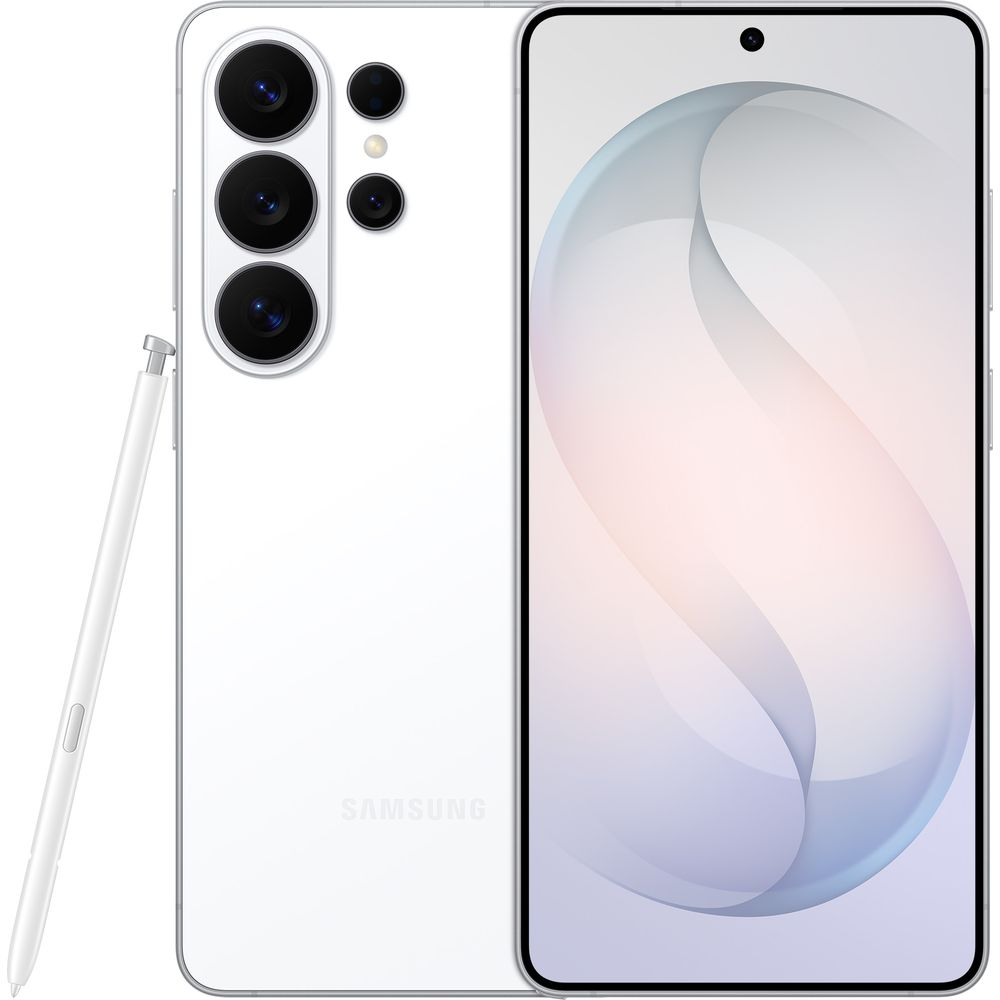 Smartphone blanc avec trois caméras principales, écran avant et stylet.