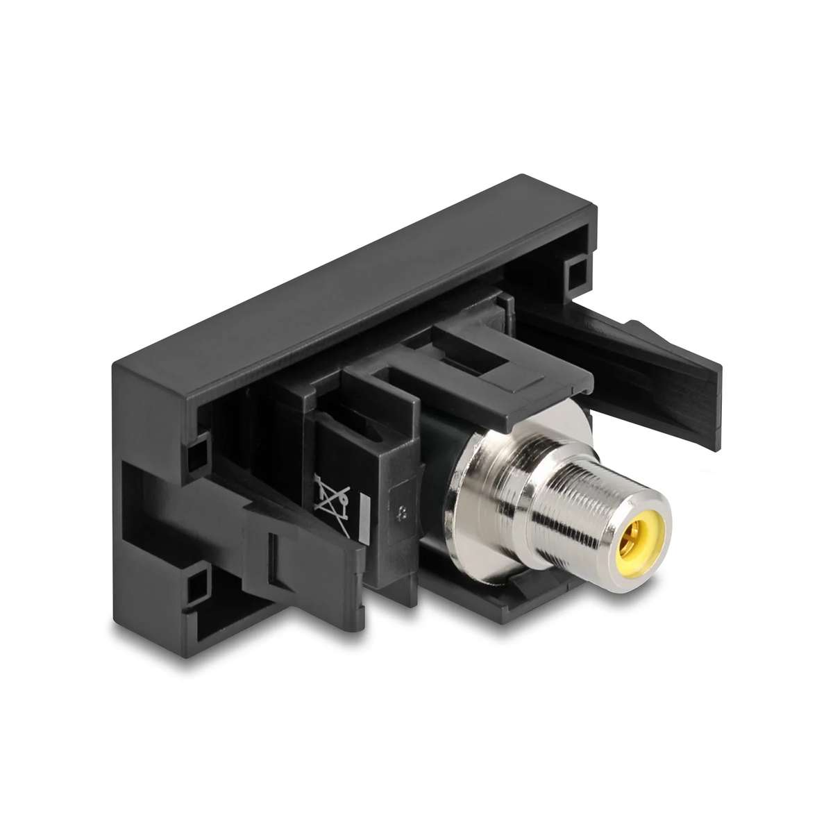 Schwarzes Kunststoffmodul mit einem silbernen F-Stecker-Anschluss auf weißem Hintergrund.