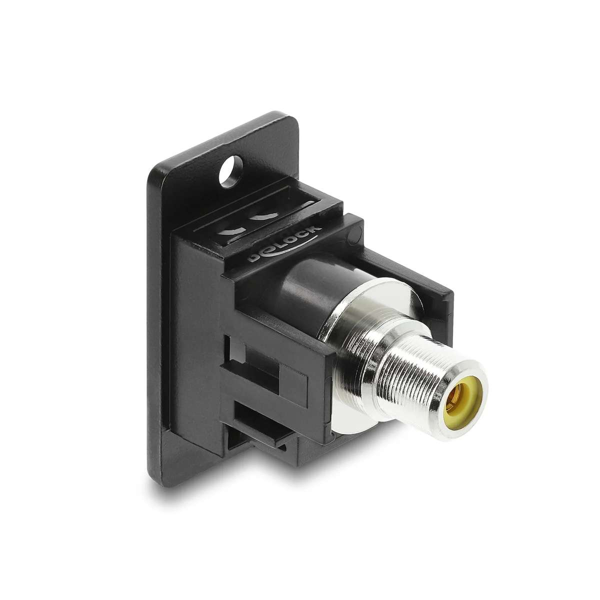 Ein schwarzer Audio-Video-Adapter mit Metallgewinde und gelbem Innenring.