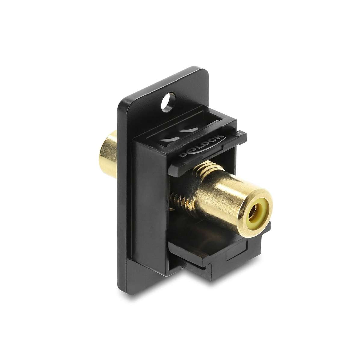 Schwarzes Audio-Modul mit goldenem Cinch-Anschluss auf weißem Hintergrund.