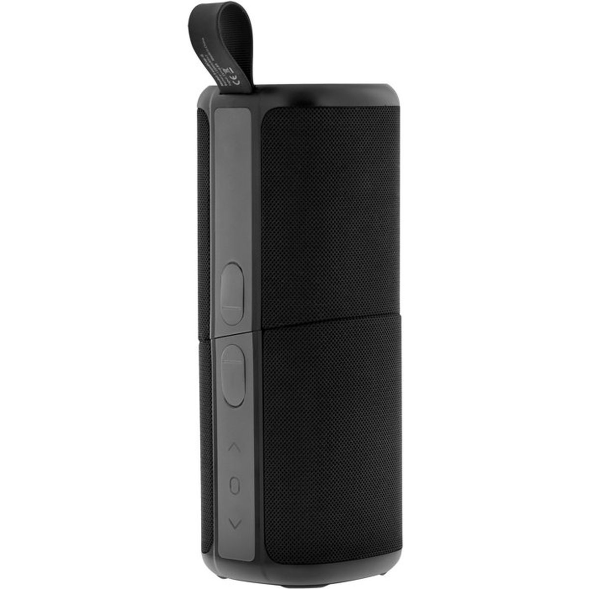 Ein zylindrischer schwarzer Bluetooth-Lautsprecher mit Trageschlaufe und Kontrolltasten auf weißem Hintergrund.
