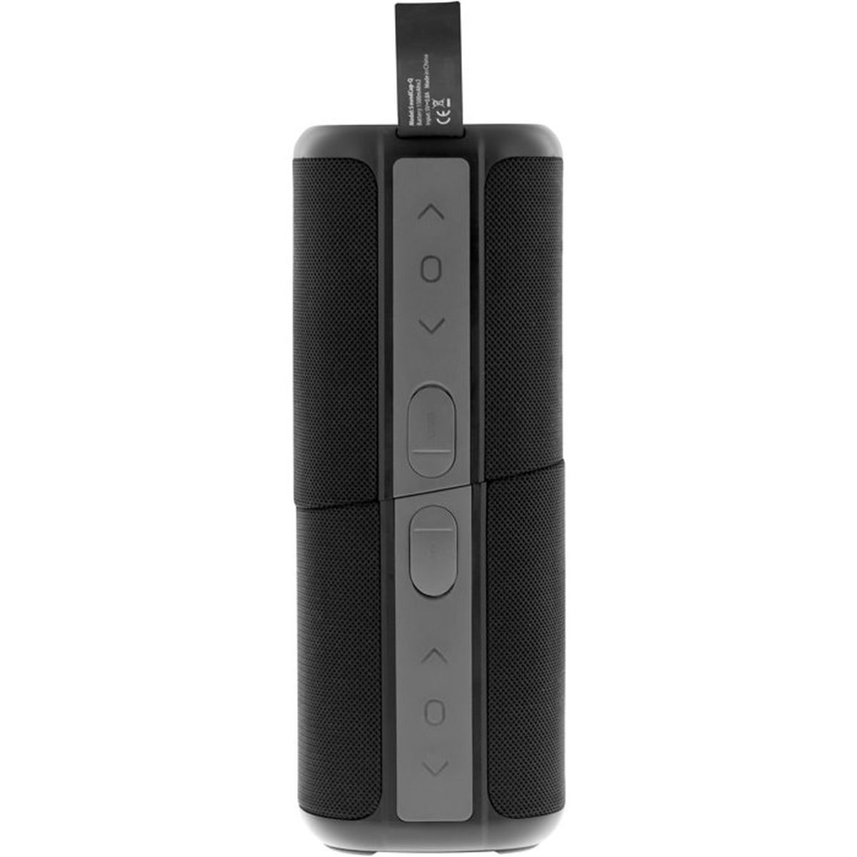 Ein zylindrischer, schwarzer Bluetooth-Lautsprecher mit grauem Bedienfeld auf der Vorderseite vor weißem Hintergrund.