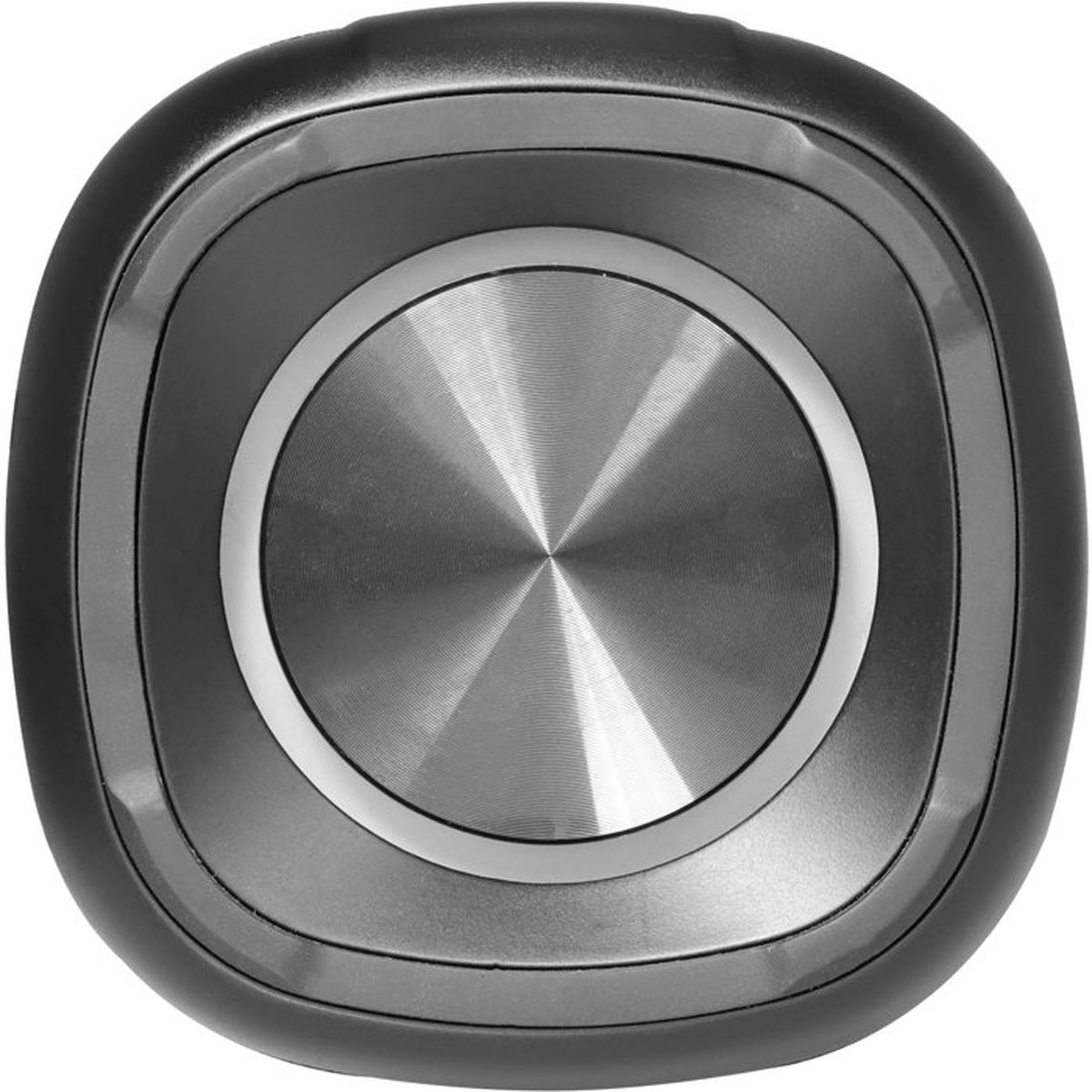 Ein schwarzes, quadratisches Gerät mit abgerundeten Ecken hat ein zentrales, rundes Metallelement mit radialem Schliff.