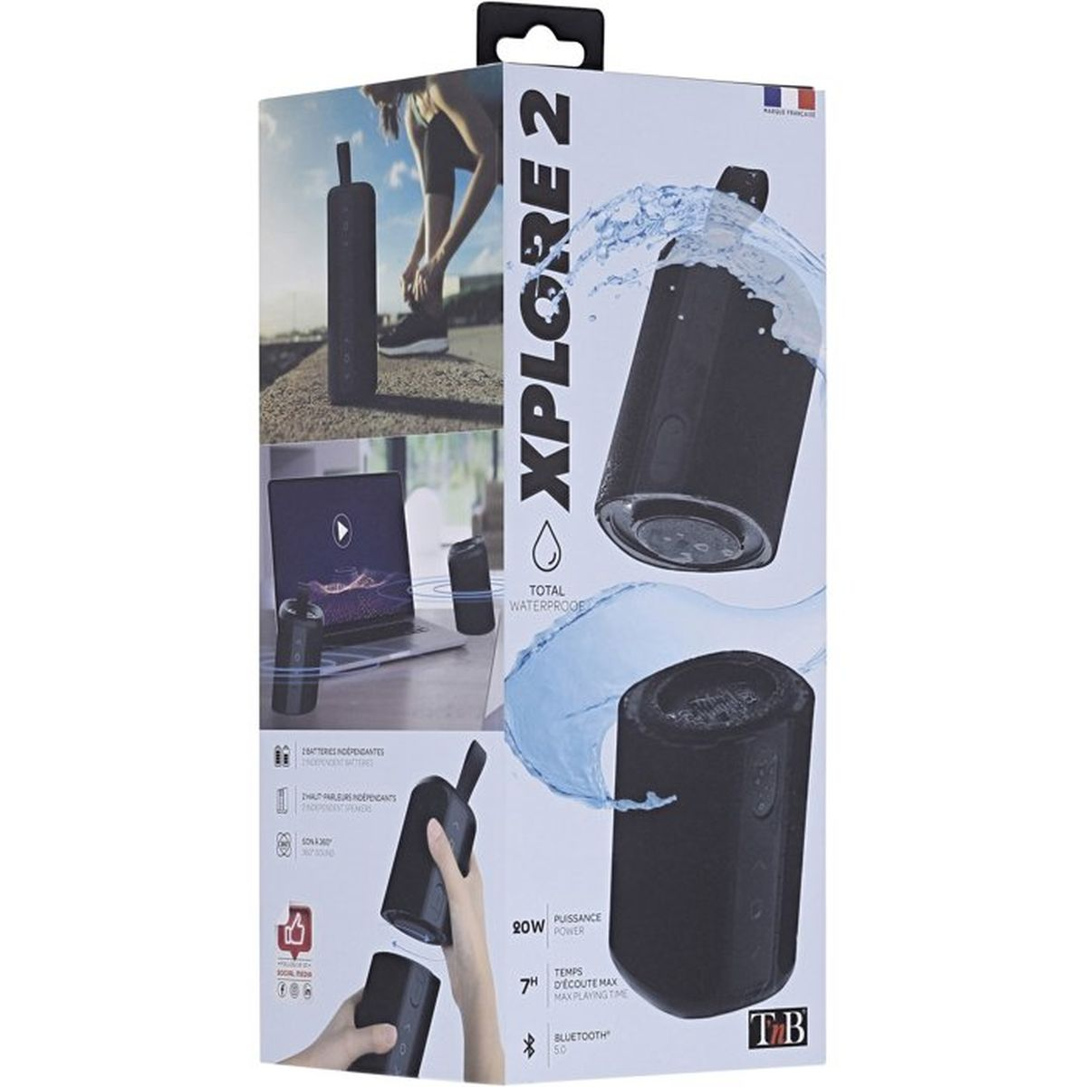 Verpackung des Xplore 2 wasserdichten Bluetooth-Lautsprechers mit Produktbildern und Funktionen.