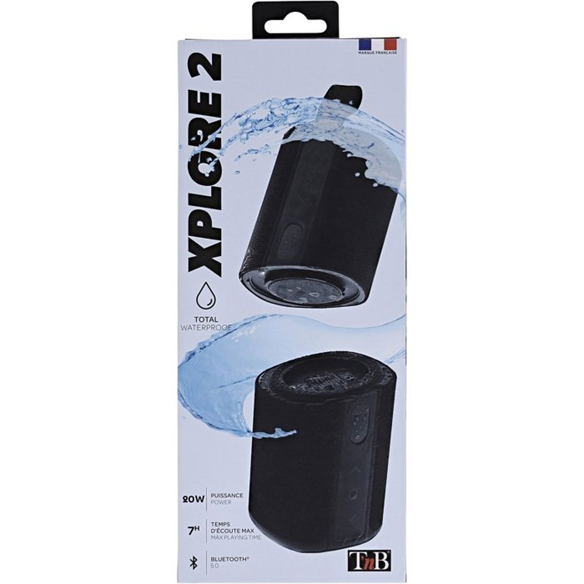 Produktverpackung eines schwarzen, wasserdichten Xplore 2 Bluetooth-Lautsprechers mit Wasserspritzern.