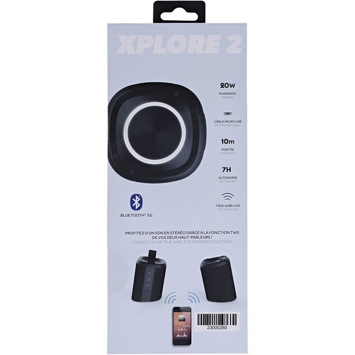 Verpackung des Xplore 2 Bluetooth-Lautsprechers mit Produktdetails.