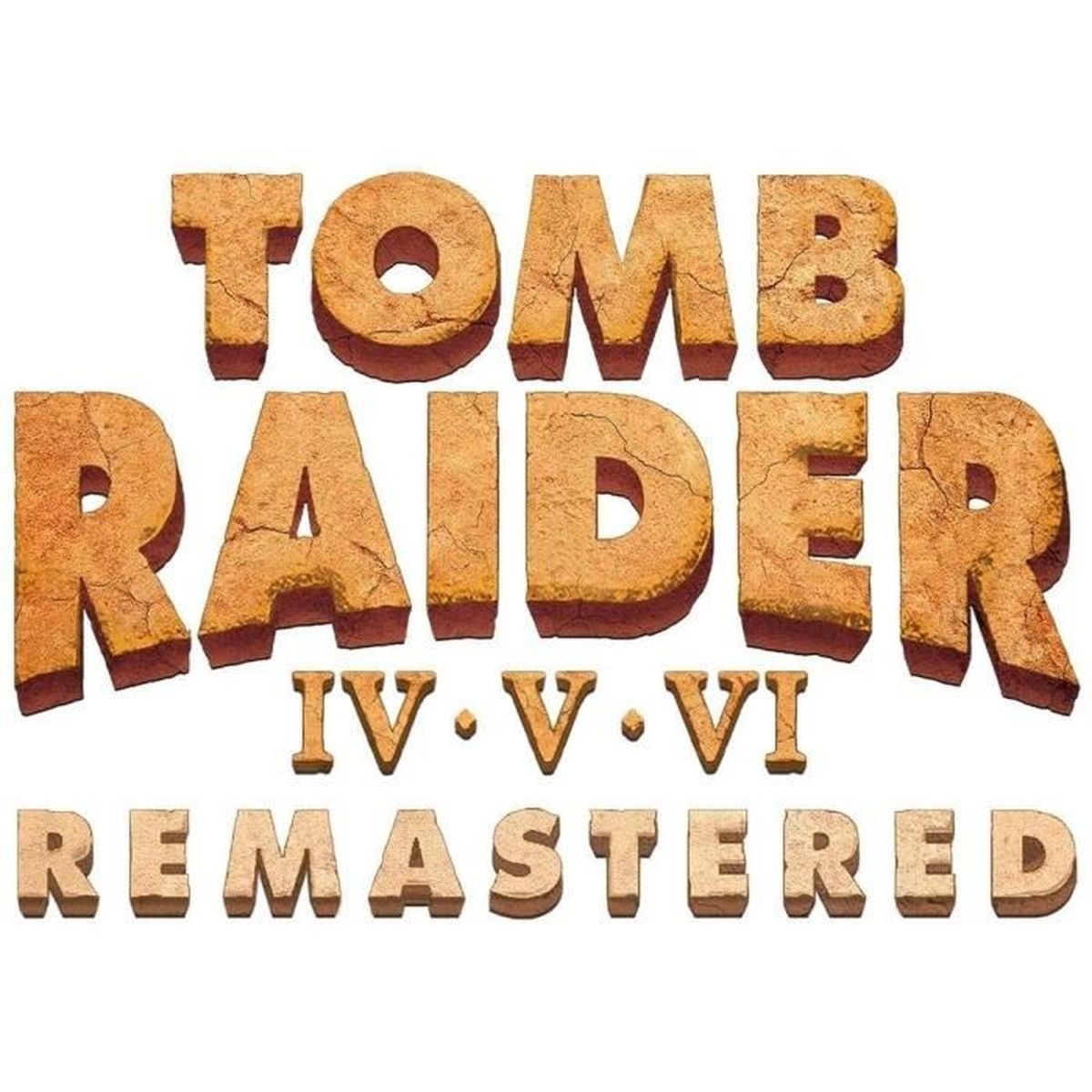 Das Logo von Tomb Raider IV-VI Remastered in sandsteinartigen, braunen 3D-Buchstaben.