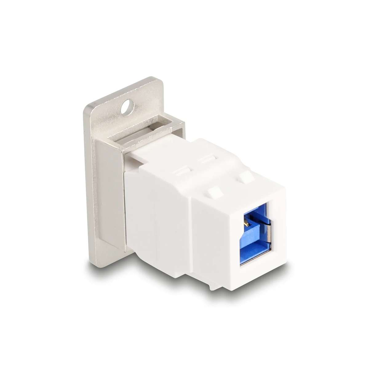 Ein weißer Keystone-USB-Moduladapter mit blauer USB-Buchse auf silbernem Metallhalter.