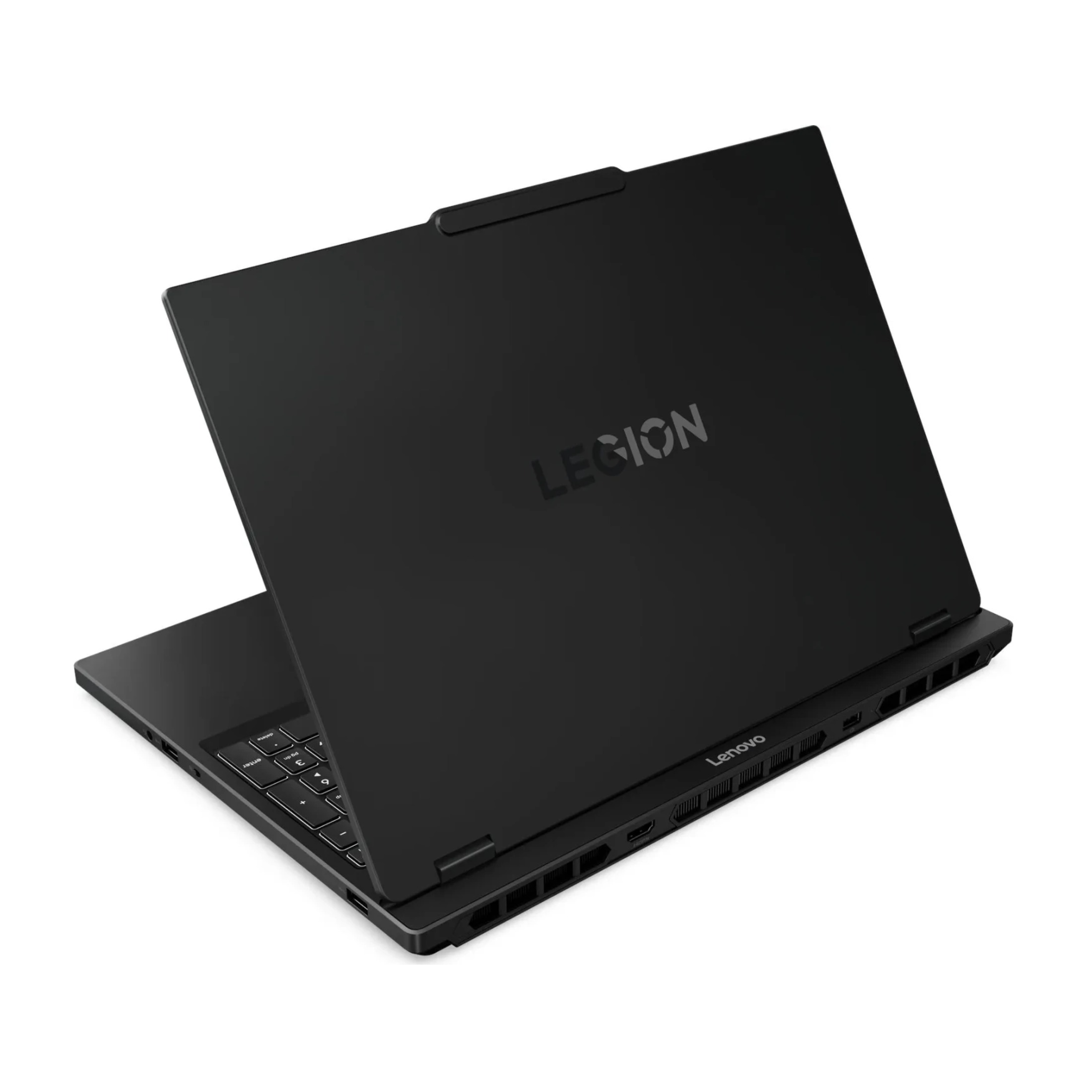 Ein schwarzer Lenovo Legion Laptop mit geschlossener Bildschirmklappe, isoliert auf einem weißen Hintergrund.