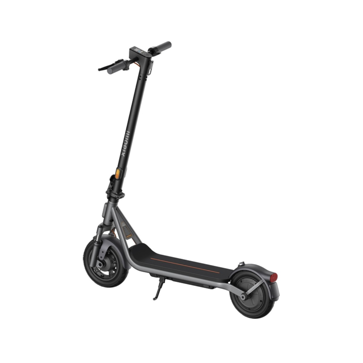 Ein grauer Elektroroller mit schwarzem Lenker und Kickstand steht auf weißem Hintergrund.
